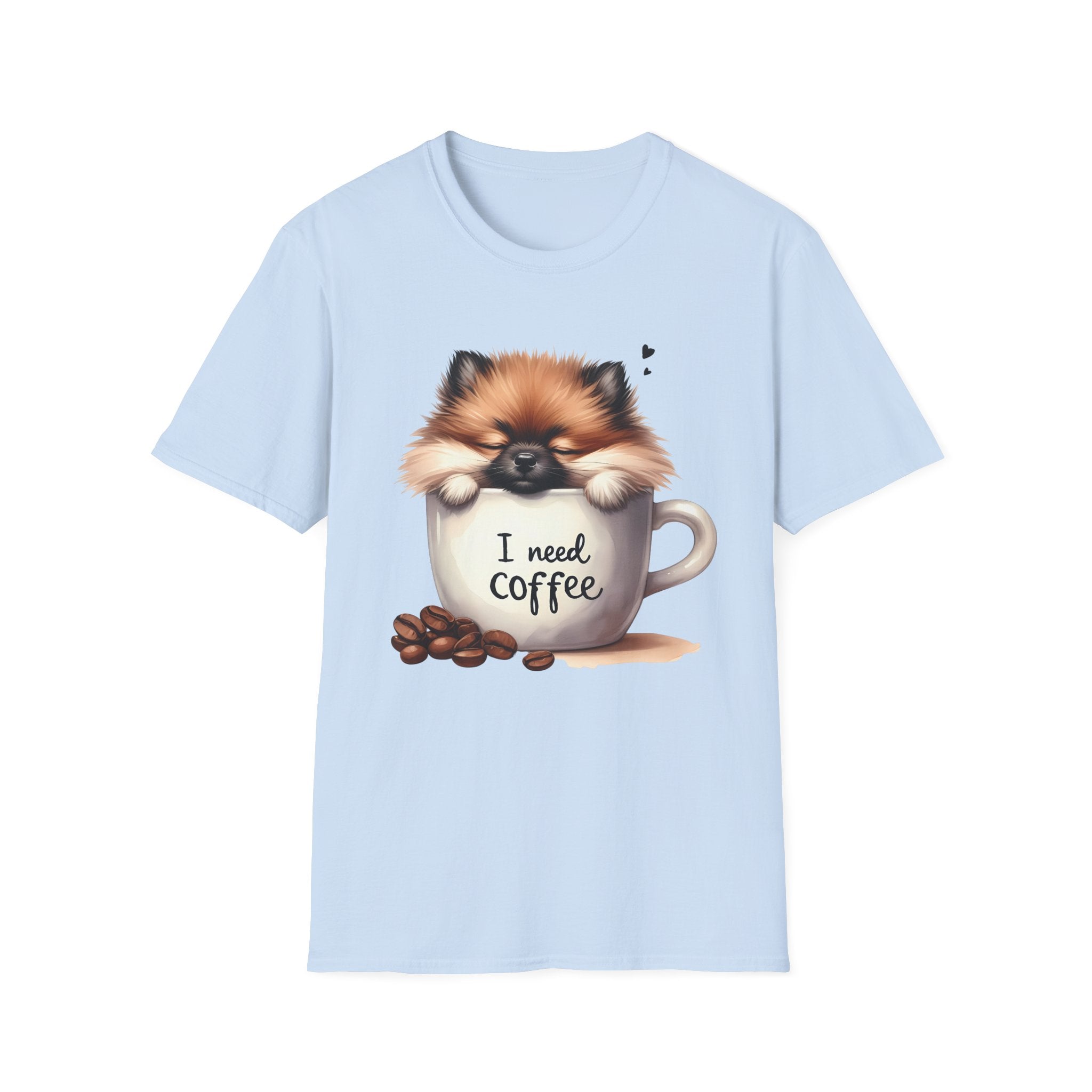 Cute Pomeranian in Coffee Mug T-Shirt | I Need Coffee, Dog Coffee Tee