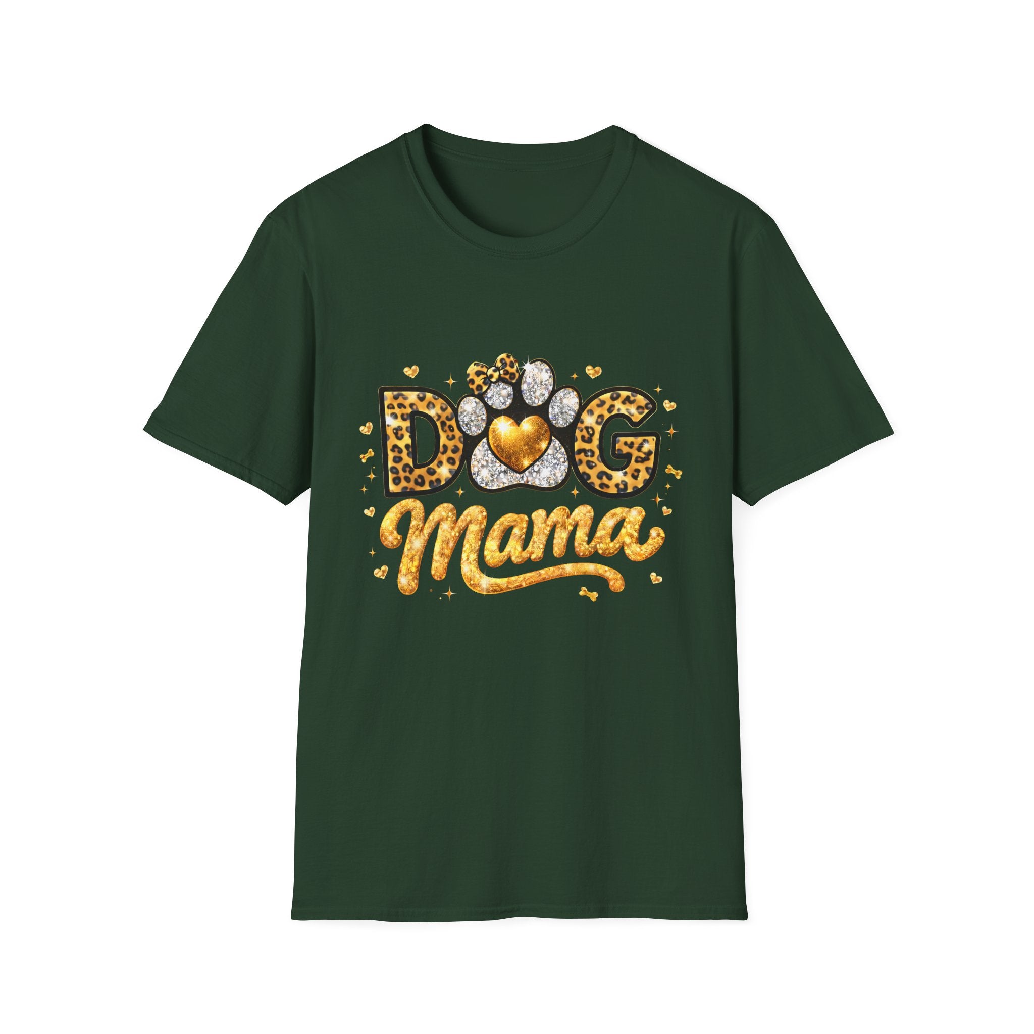 Dog Mama T-Shirt | Leopard Heart Paw Print, Gold Glitter Script