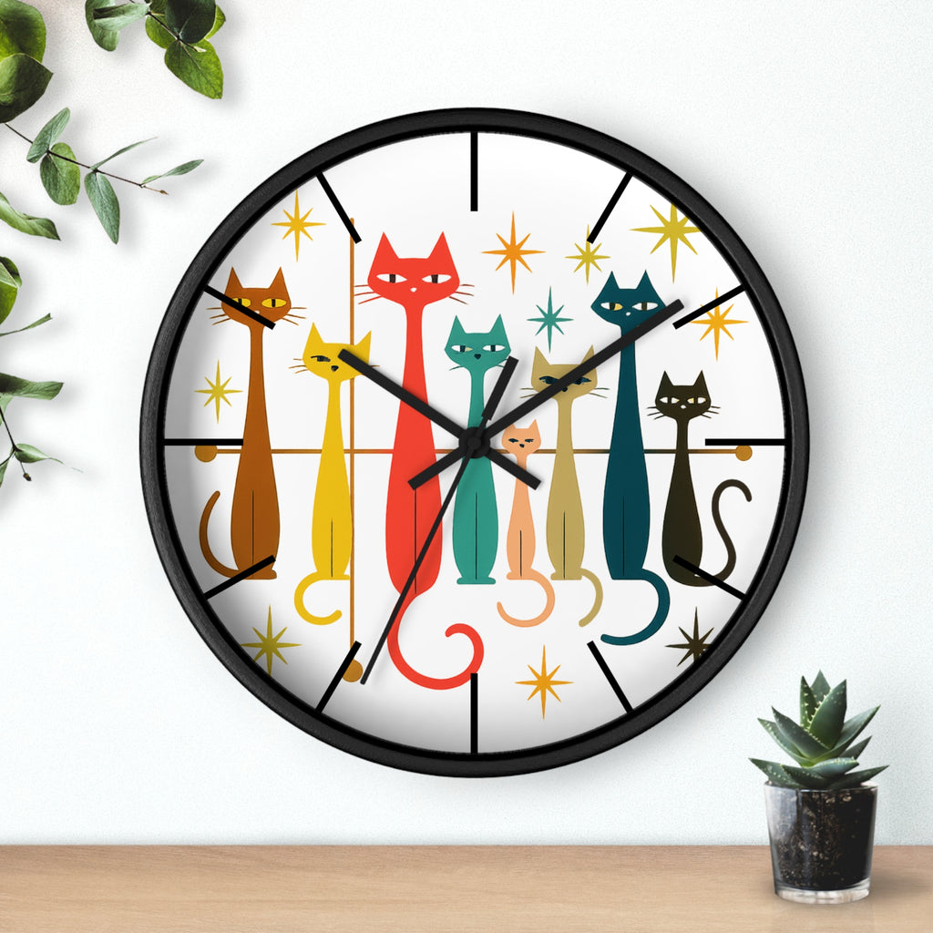 Retro Mid Century Modern Cats Wall Clock | Atomic Starburst Cat Design
