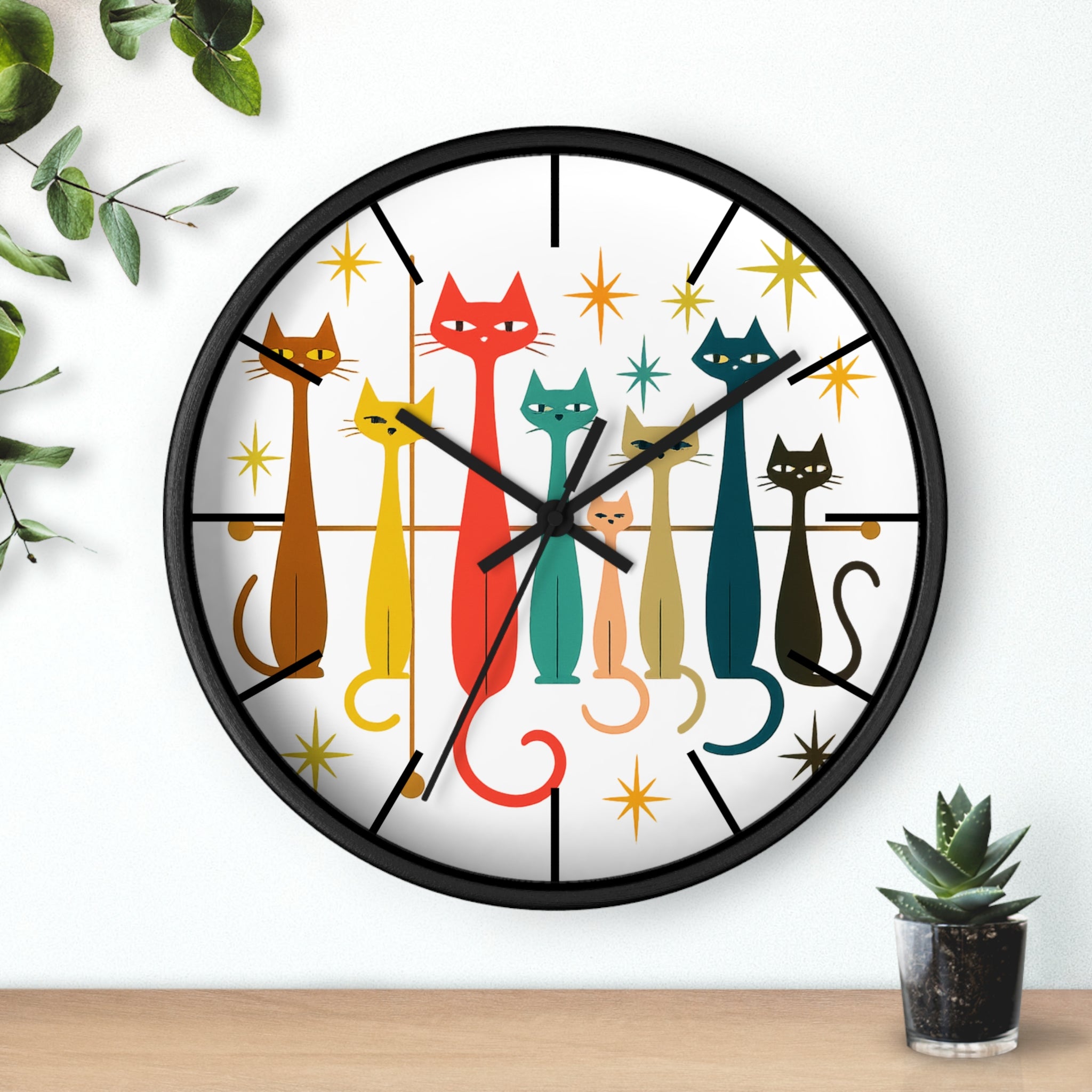 Retro Mid Century Modern Cats Wall Clock | Atomic Starburst Cat Design