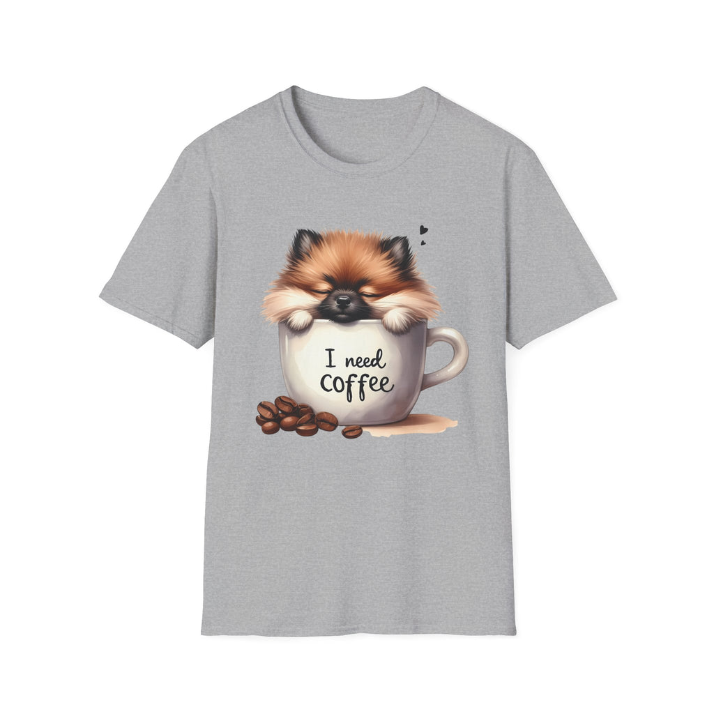Cute Pomeranian in Coffee Mug T-Shirt | I Need Coffee, Dog Coffee Tee