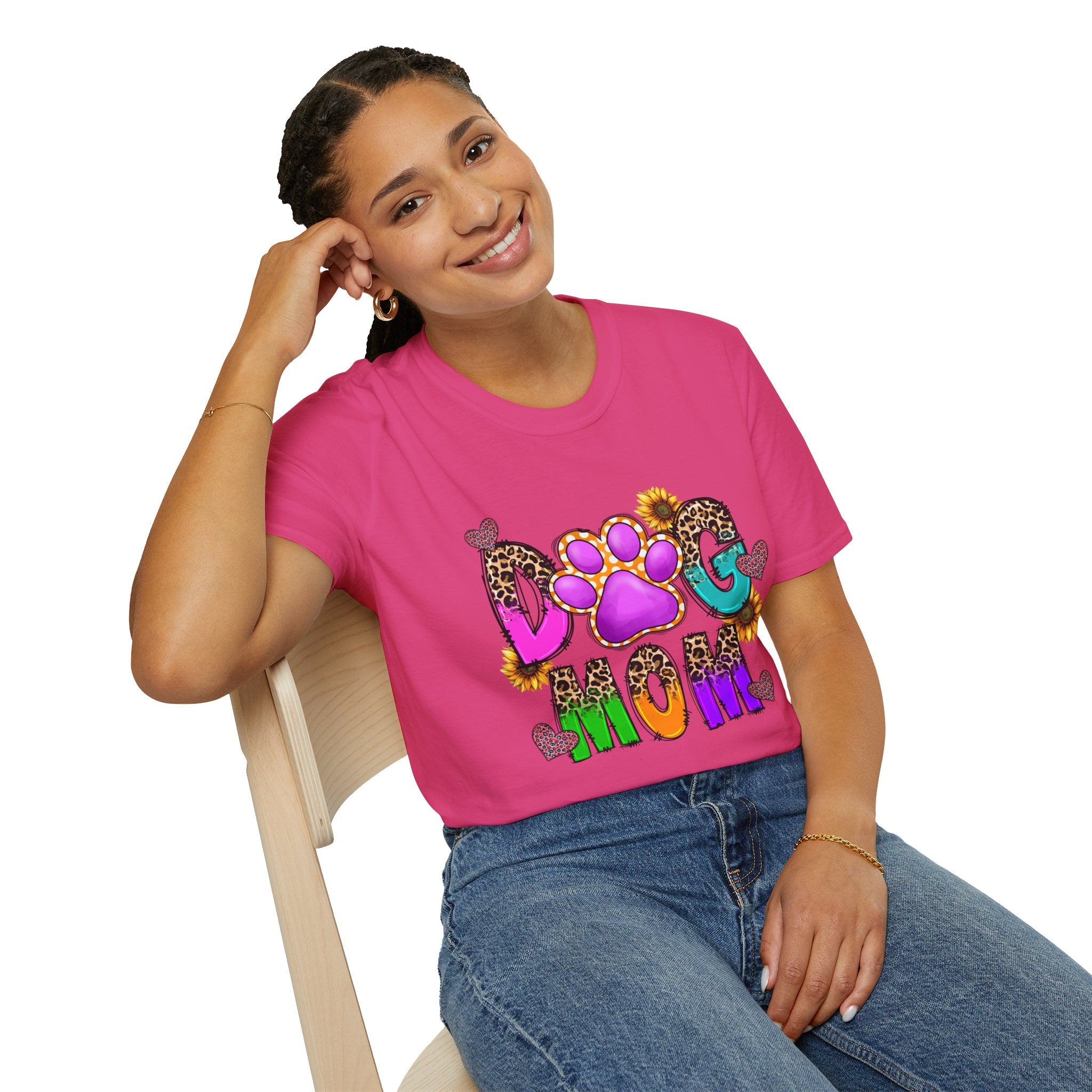Dog Mom colorful paw print design T-Shirt | leopard hearts sunflower accents