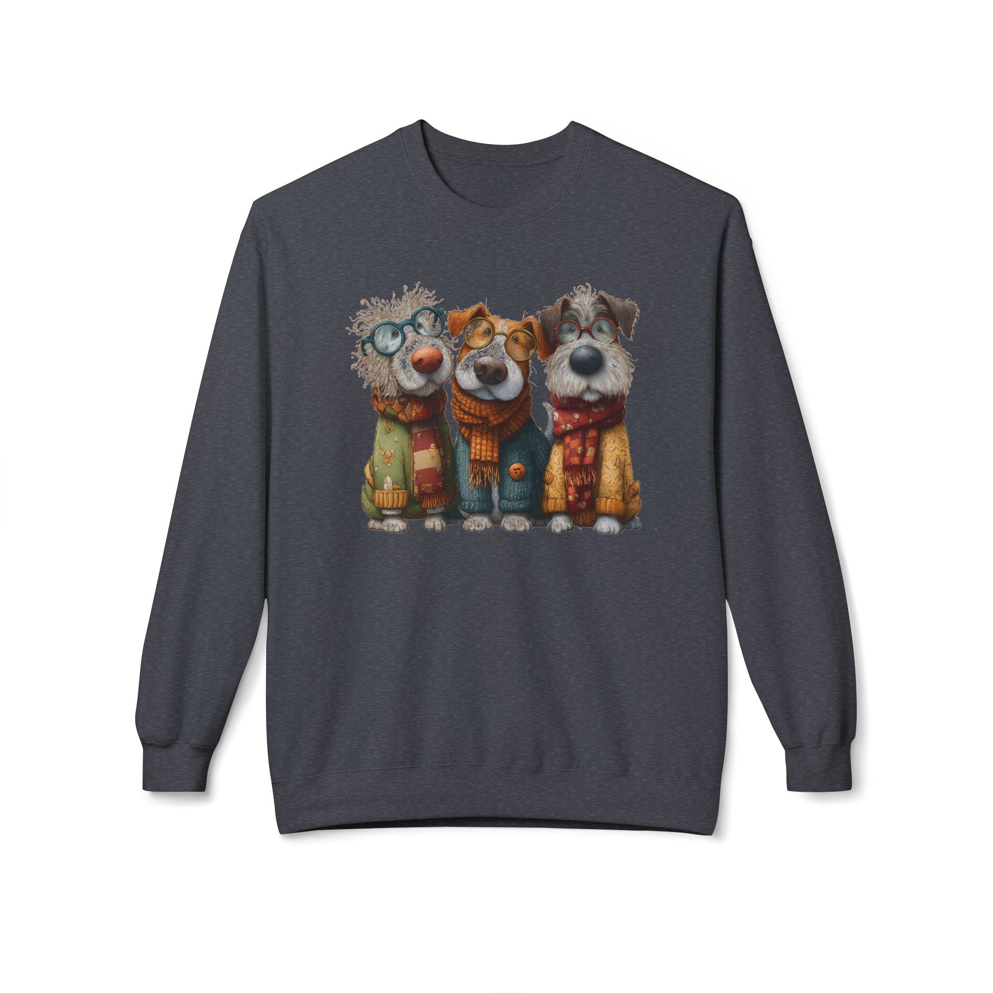 Three Cartoon Dogs in Scarves Sweatshirt | Cute Winter Pup Trio