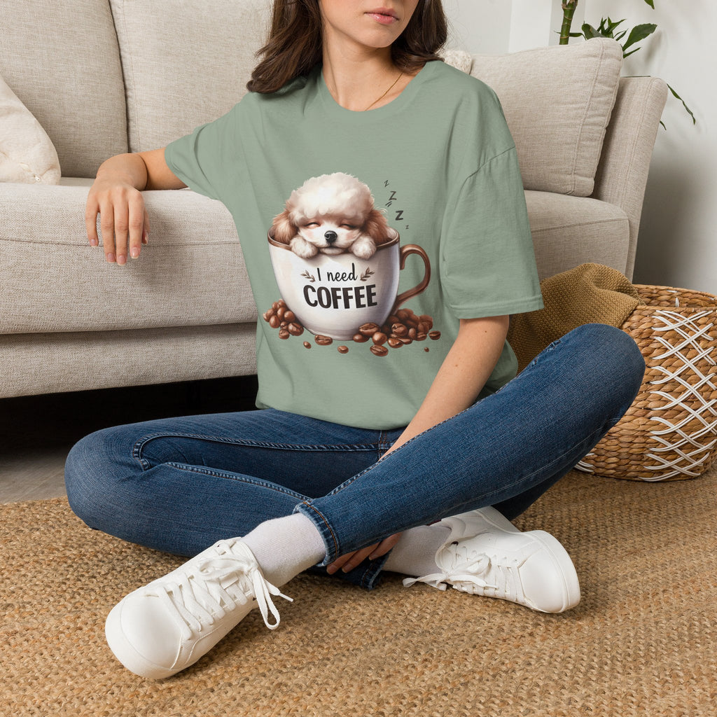 Sleeping Puppy in Coffee Cup T-Shirt | I Need Coffee Dog Design