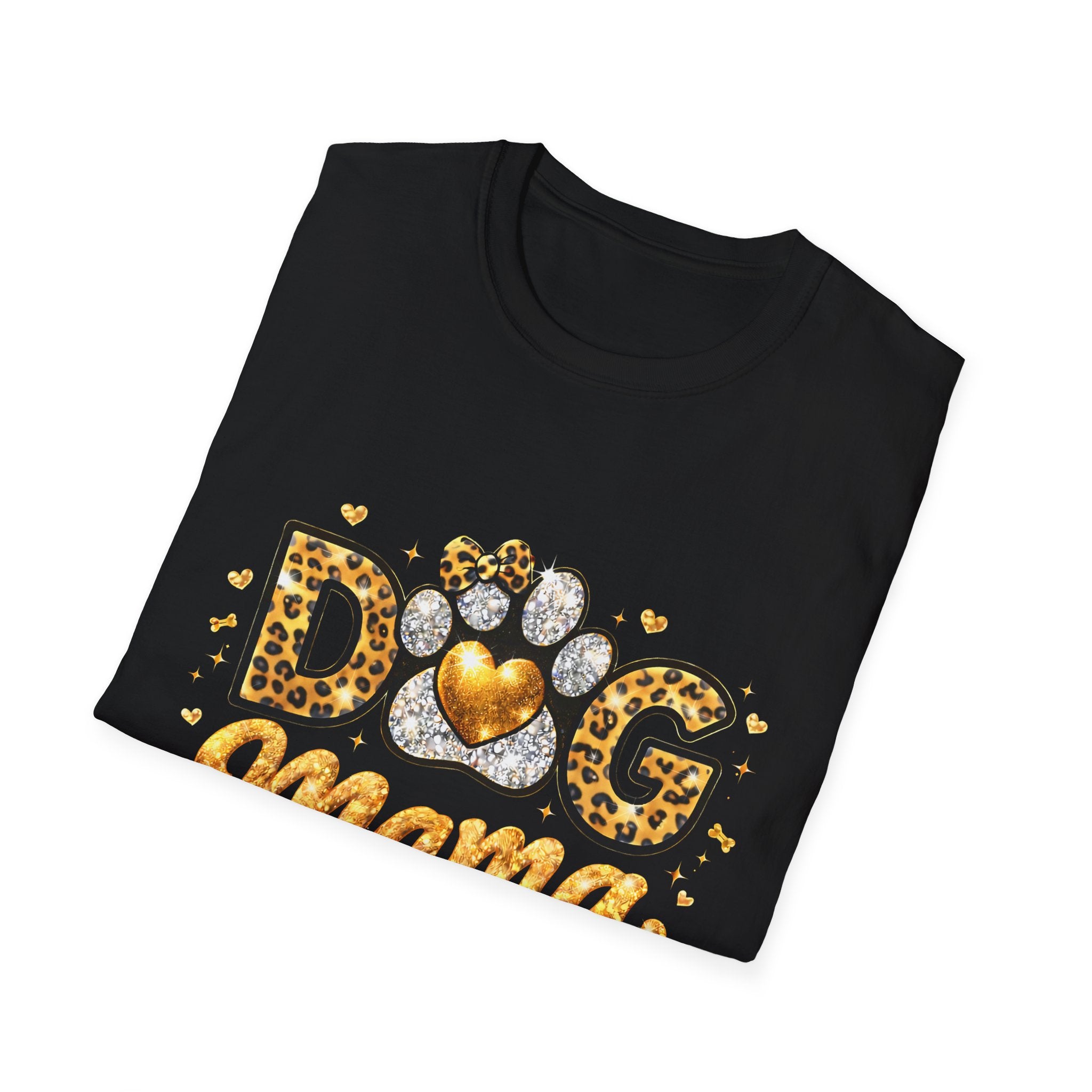 Dog Mama T-Shirt | Leopard Heart Paw Print, Gold Glitter Script