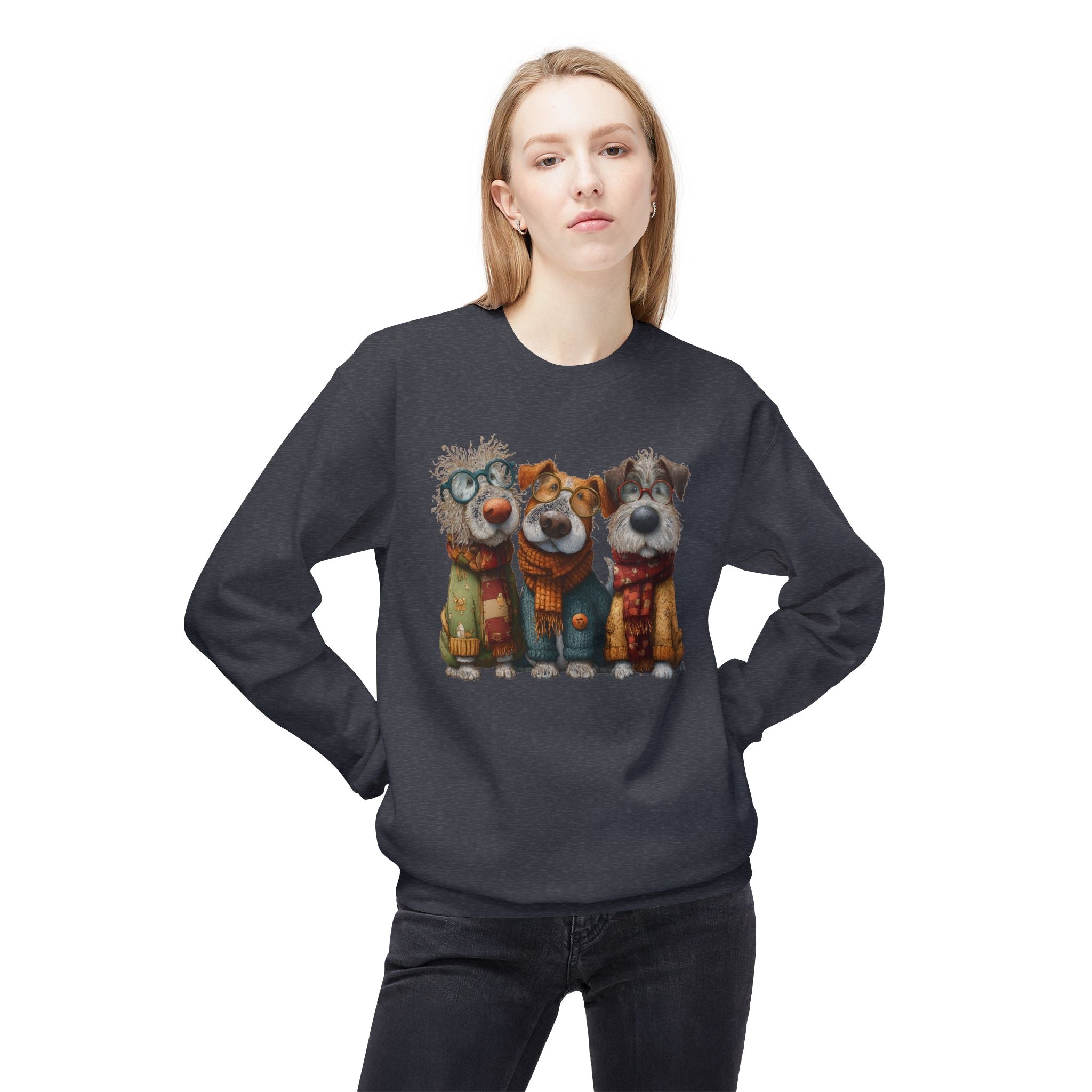 Three Cartoon Dogs in Scarves Sweatshirt | Cute Winter Pup Trio