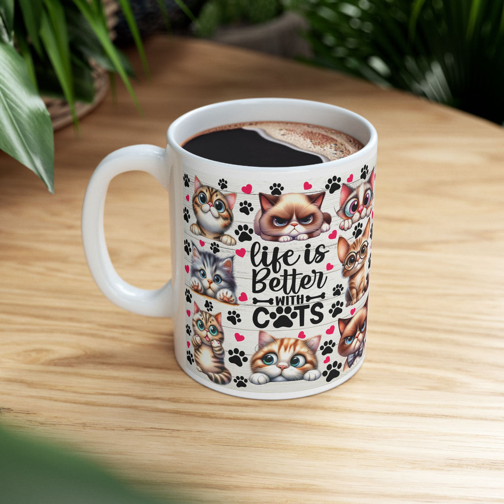 Cute Cartoon Cats Mug | Cute Cat Faces, Paw Prints Pattern Ceramic Mug