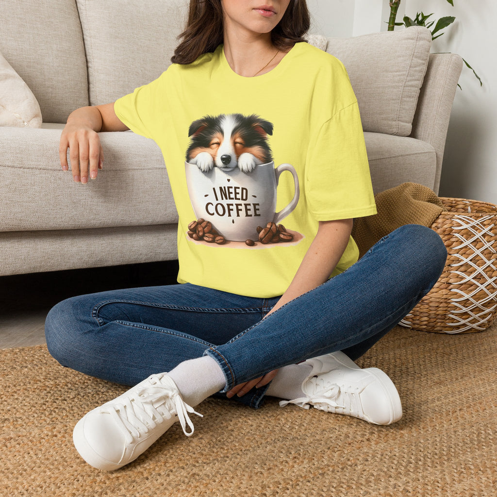 I Need Coffee Dog T-Shirt | Coffee Cup, Shetland Sheepdog Illustration