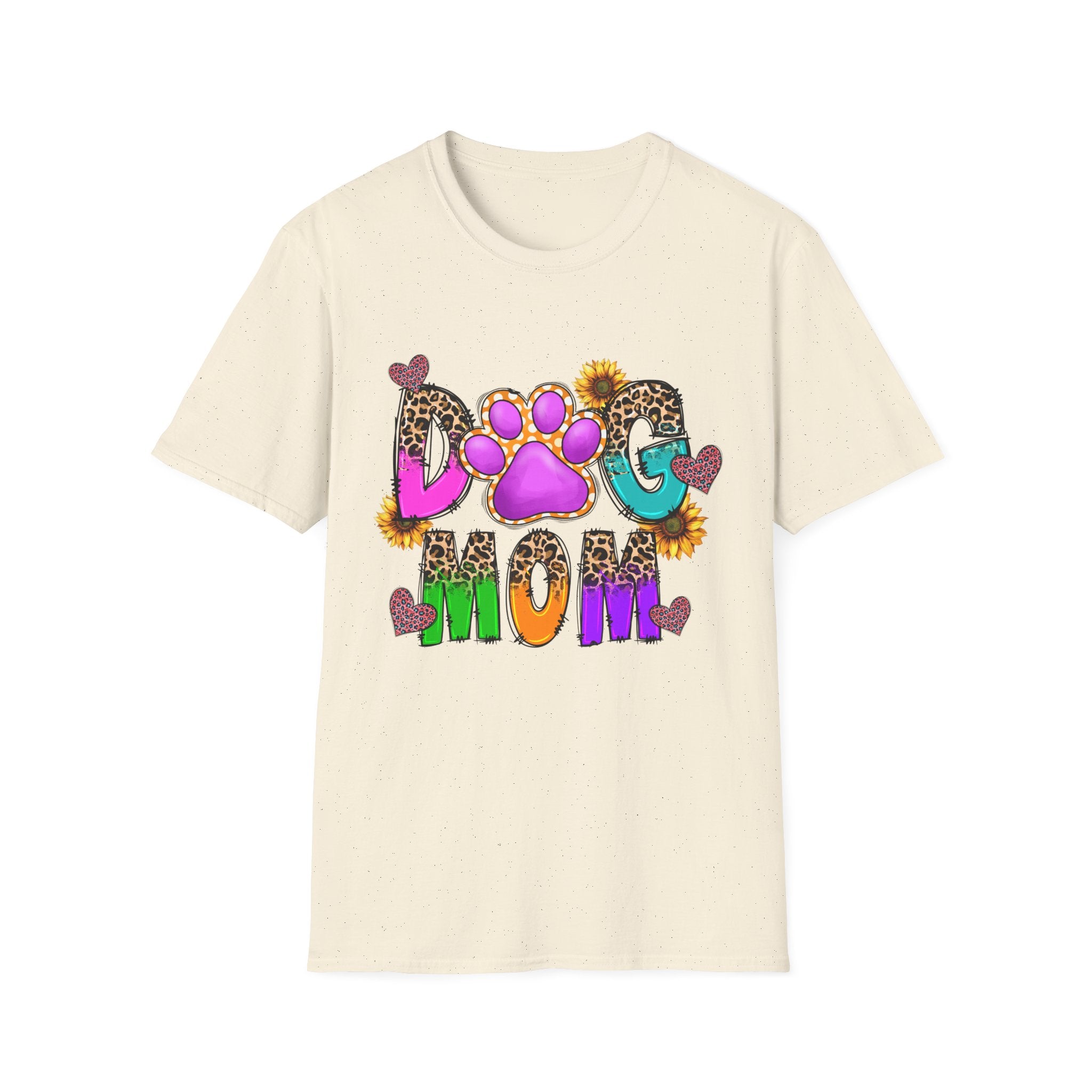 Dog Mom colorful paw print design T-Shirt | leopard hearts sunflower accents