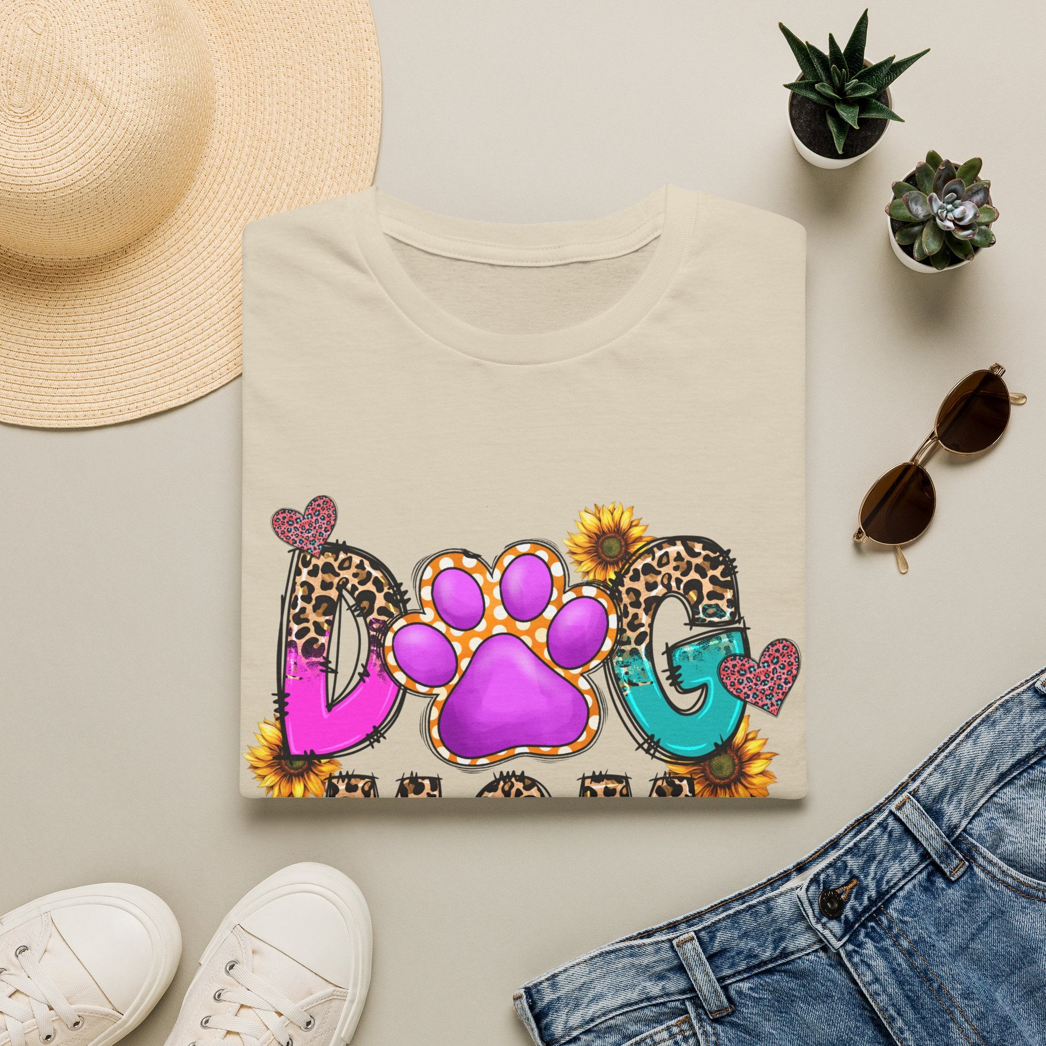 Dog Mom colorful paw print design T-Shirt | leopard hearts sunflower accents