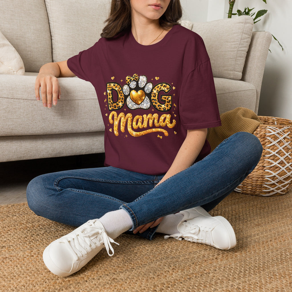 Dog Mama T-Shirt | Leopard Heart Paw Print, Gold Glitter Script