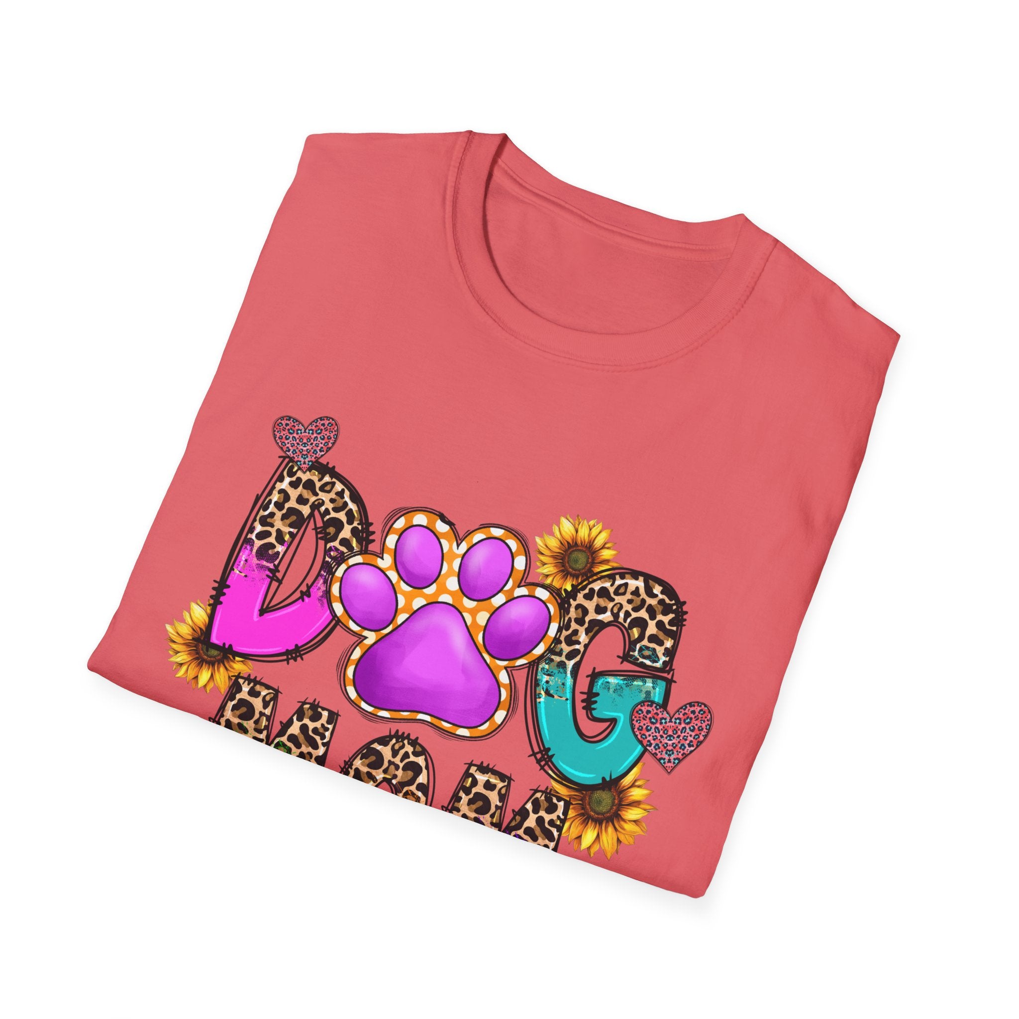Dog Mom colorful paw print design T-Shirt | leopard hearts sunflower accents