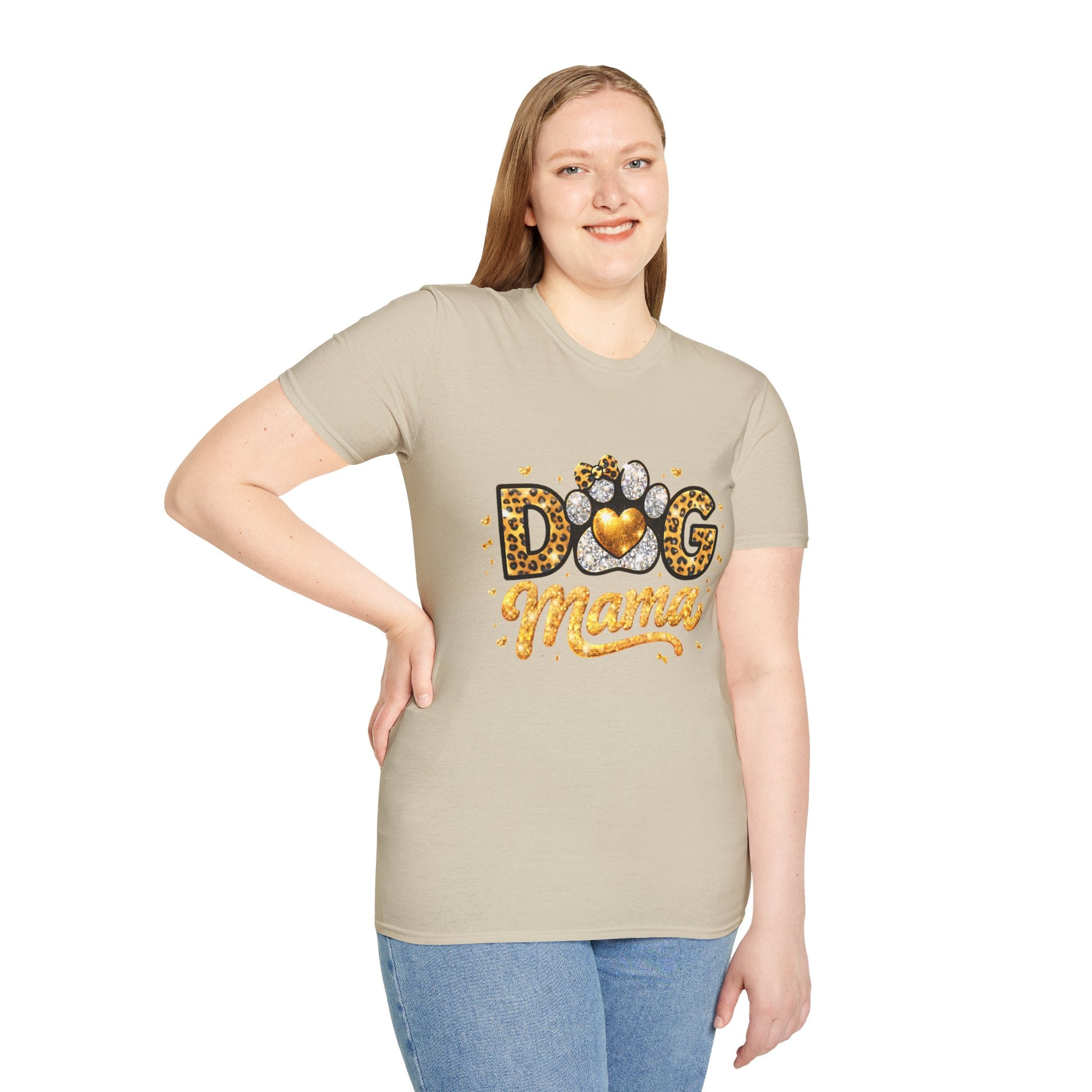Dog Mama T-Shirt | Leopard Heart Paw Print, Gold Glitter Script