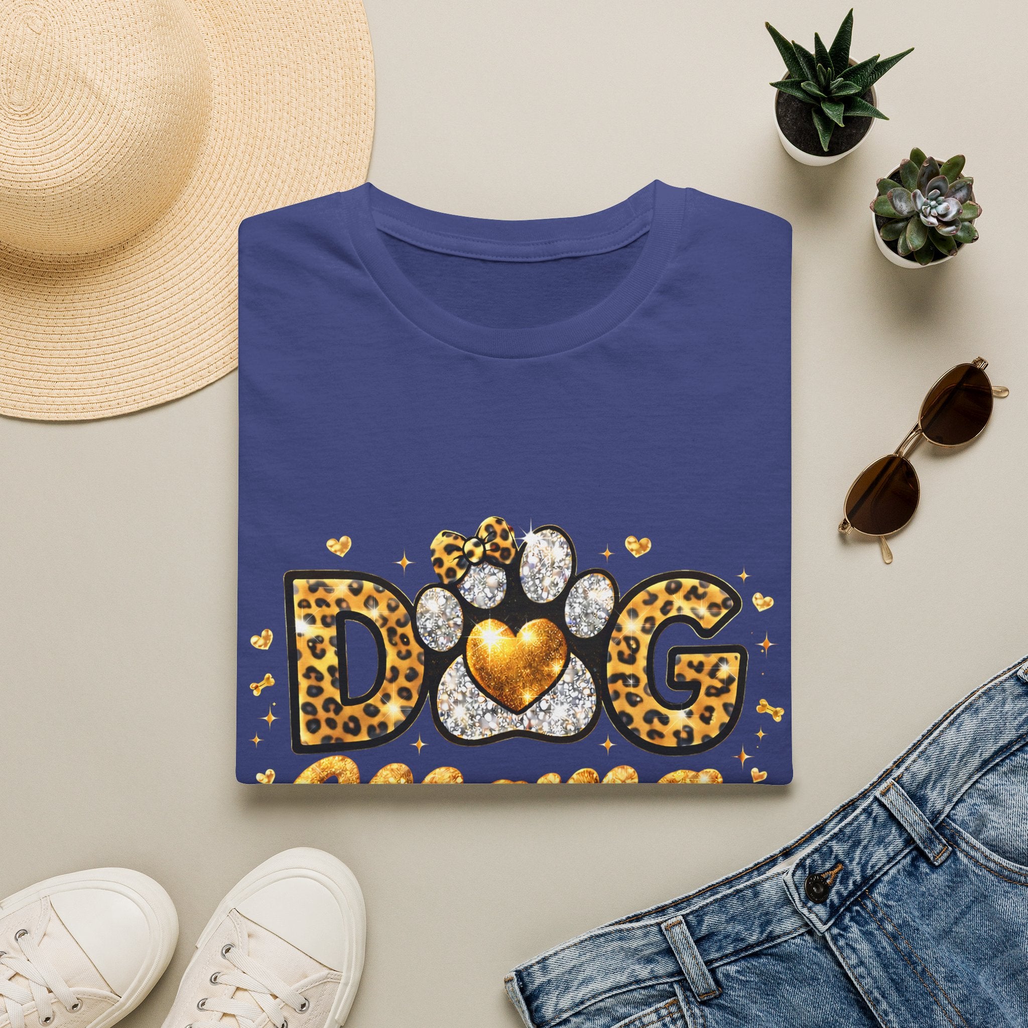 Dog Mama T-Shirt | Leopard Heart Paw Print, Gold Glitter Script