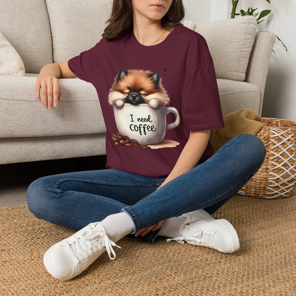 Cute Pomeranian in Coffee Mug T-Shirt | I Need Coffee, Dog Coffee Tee