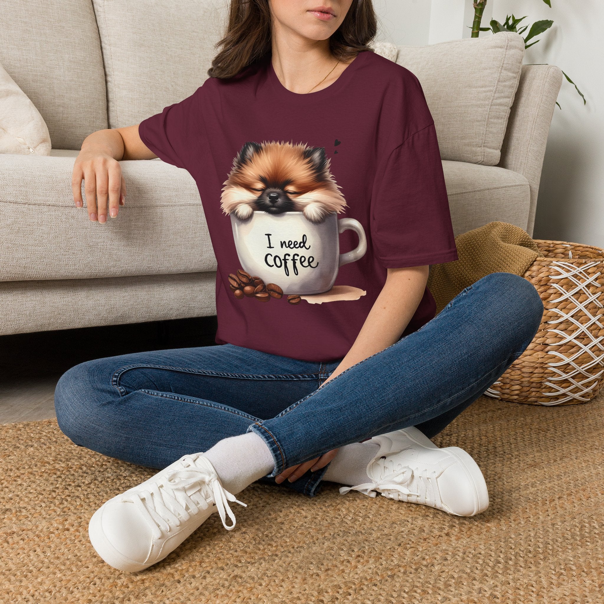 Cute Pomeranian in Coffee Mug T-Shirt | I Need Coffee, Dog Coffee Tee