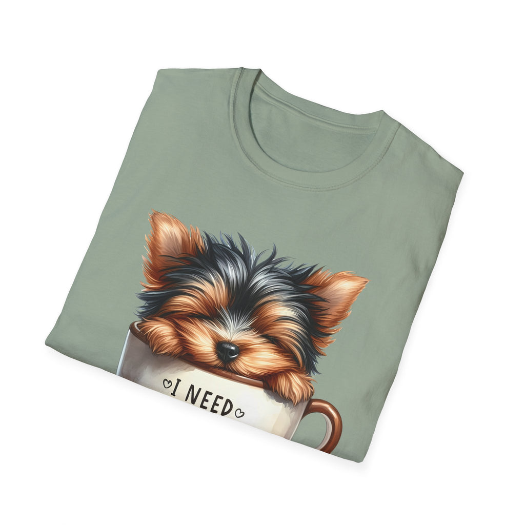 Cute Yorkie in Coffee Cup T-Shirt | I Need Coffee Puppy Graphic Tee