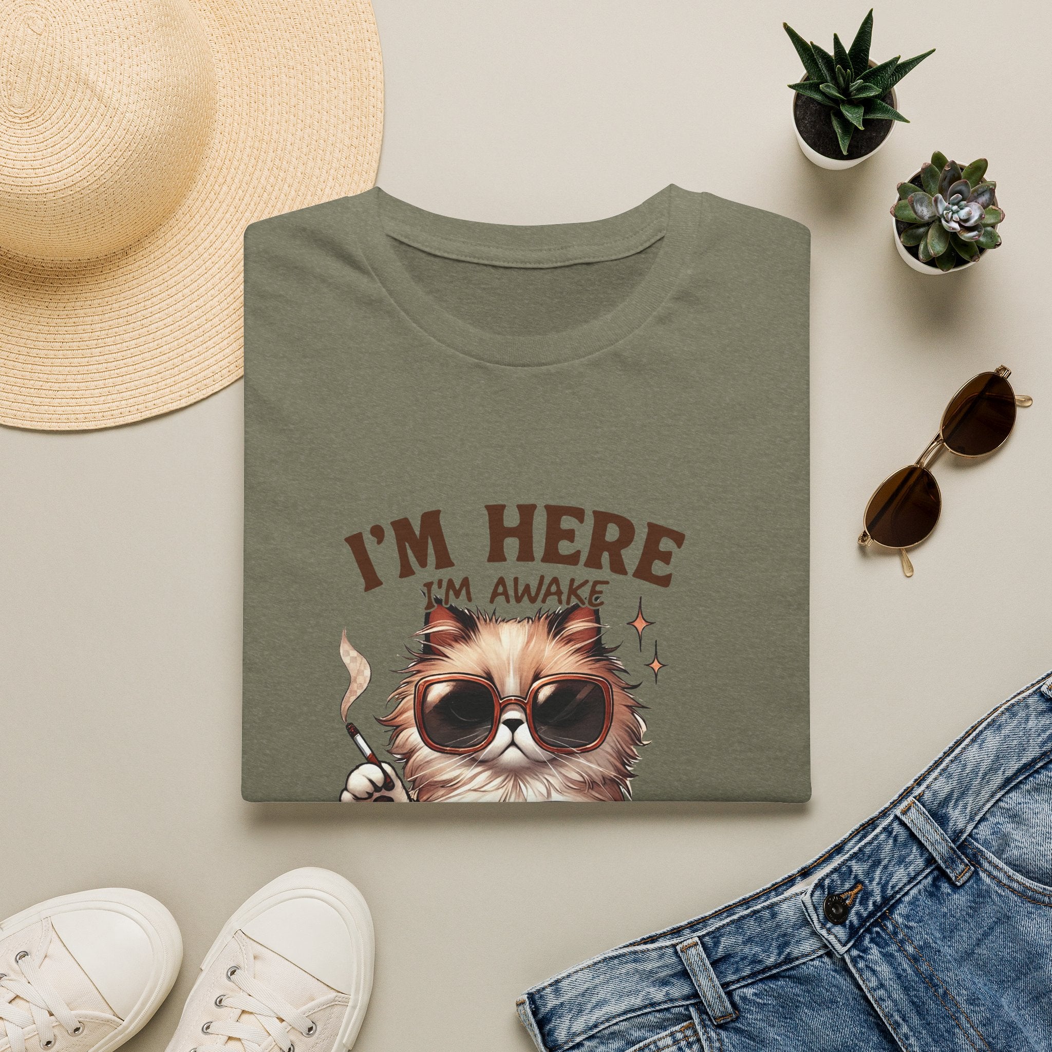 Sunglasses Cat with Coffee I'm Here I'm Awake Don't Push It T-Shirt | Funny Cat Tee