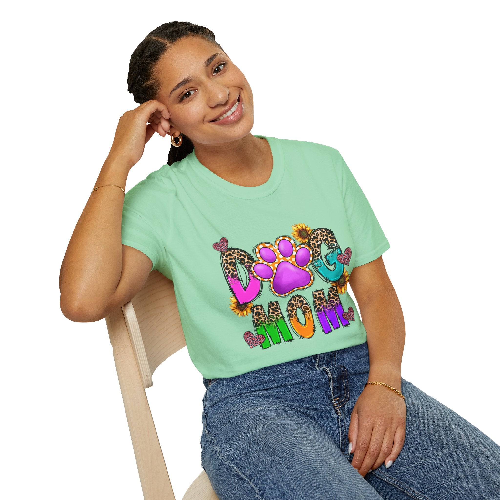 Dog Mom colorful paw print design T-Shirt | leopard hearts sunflower accents