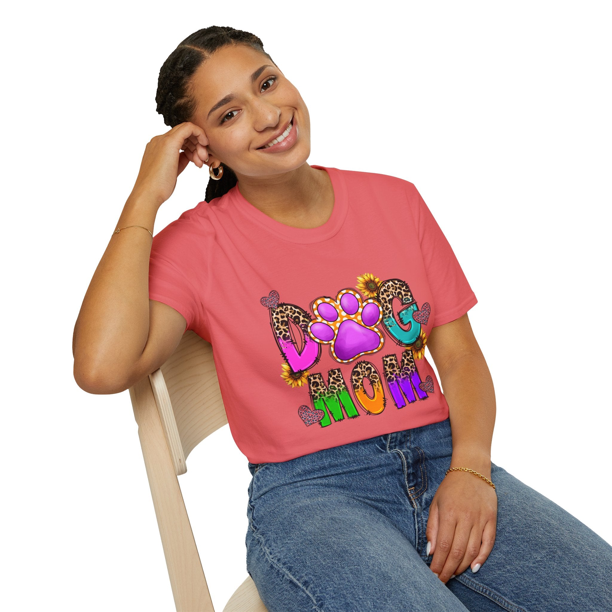 Dog Mom colorful paw print design T-Shirt | leopard hearts sunflower accents