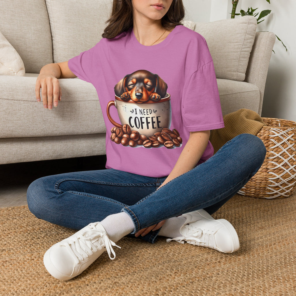 Sleepy Dachshund in Coffee Cup T-Shirt | I Need Coffee, Coffee Beans