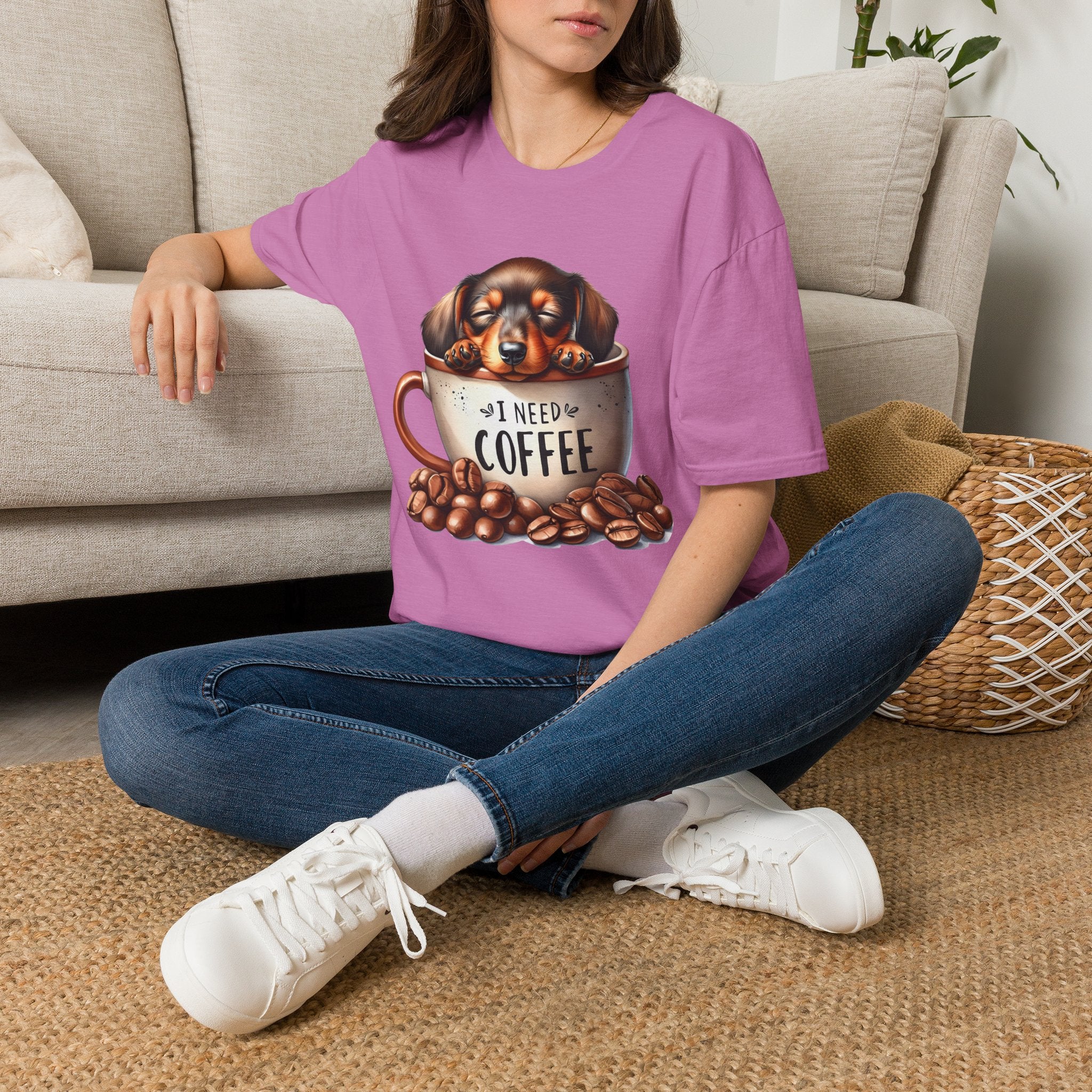 Sleepy Dachshund in Coffee Cup T-Shirt | I Need Coffee, Coffee Beans