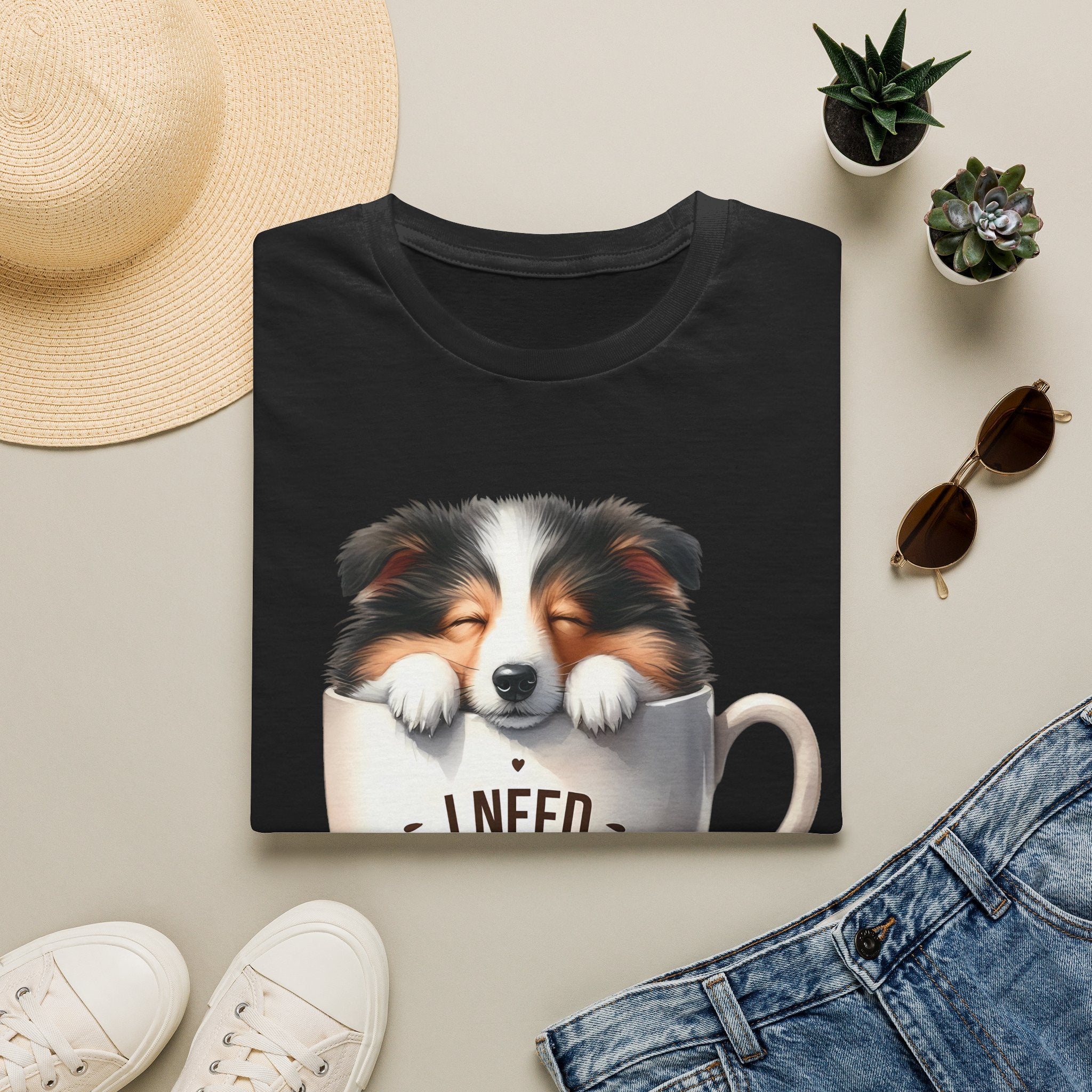 I Need Coffee Dog T-Shirt | Coffee Cup, Shetland Sheepdog Illustration