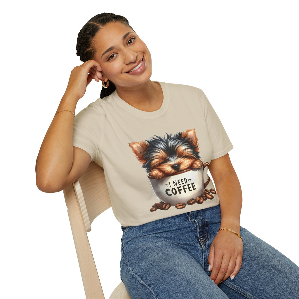 Cute Yorkie in Coffee Cup T-Shirt | I Need Coffee Puppy Graphic Tee