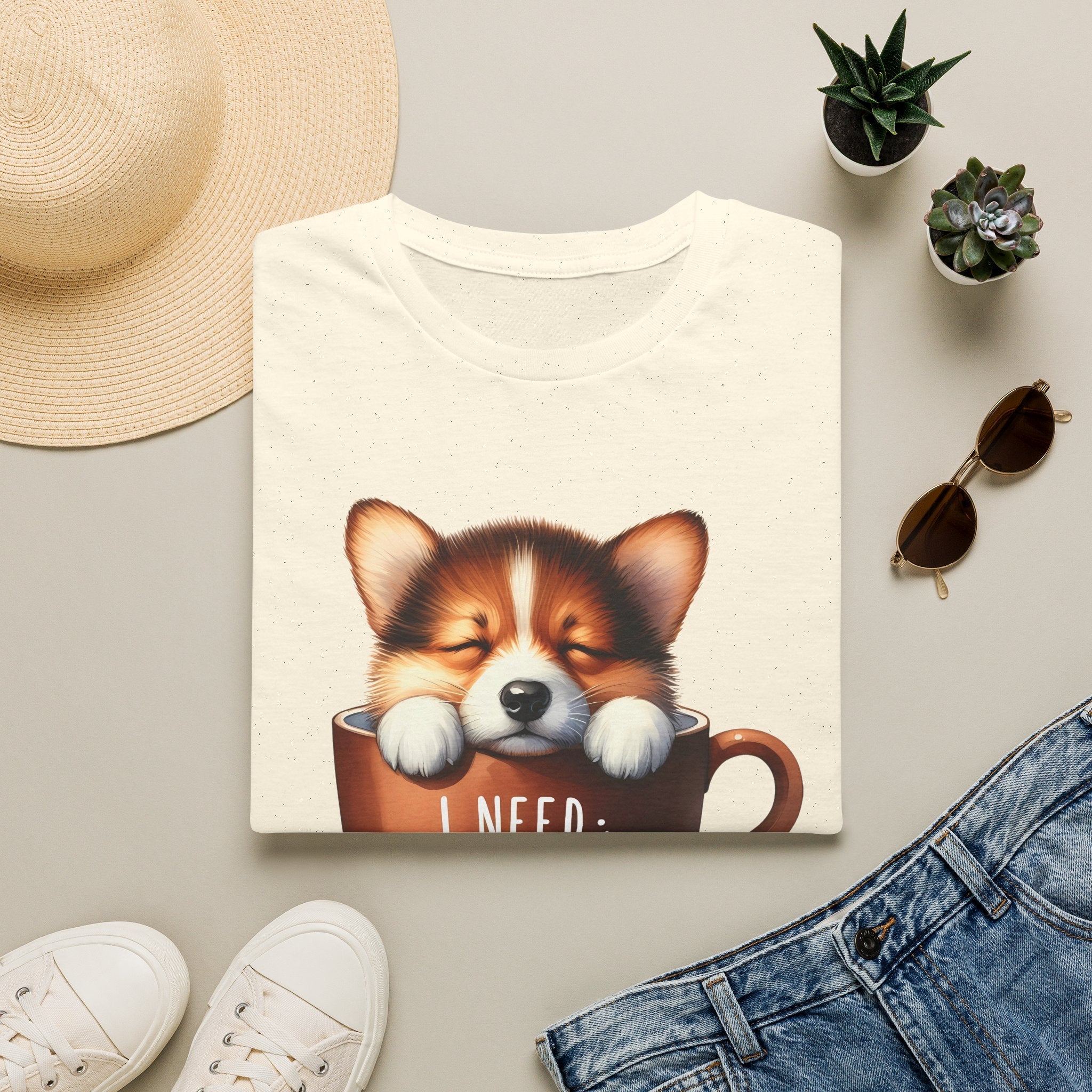 Sleeping Puppy in Coffee Cup T-Shirt | I Need Coffee, Cute Corgi Mug