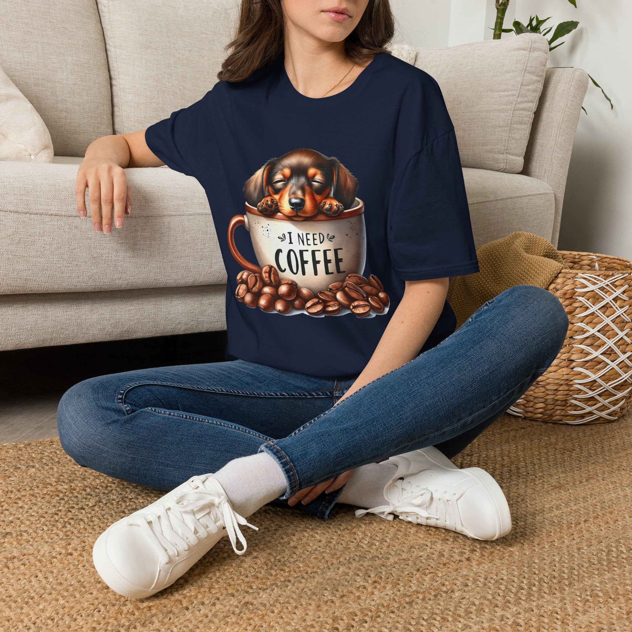 Sleepy Dachshund in Coffee Cup T-Shirt | I Need Coffee, Coffee Beans