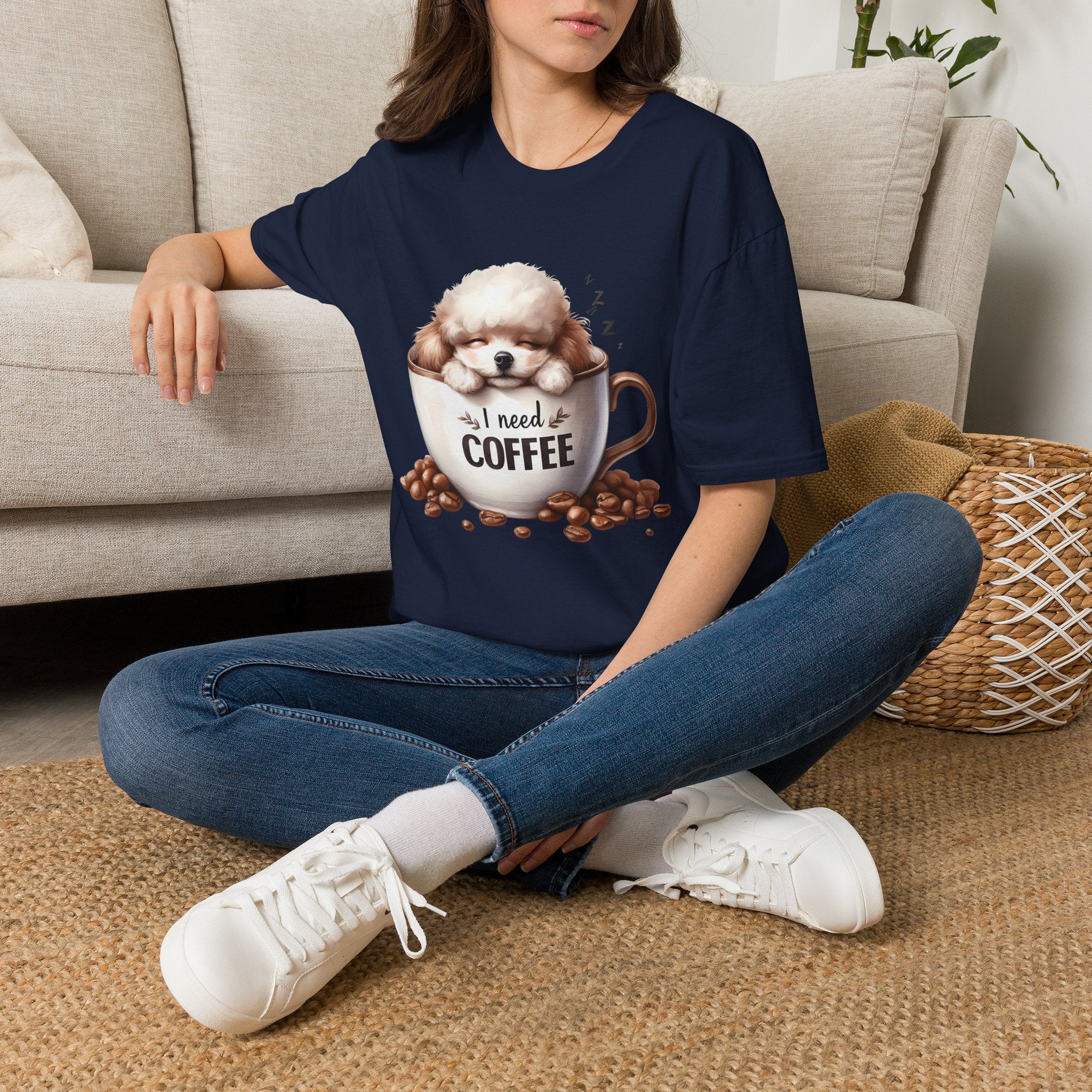 Sleeping Puppy in Coffee Cup T-Shirt | I Need Coffee Dog Design