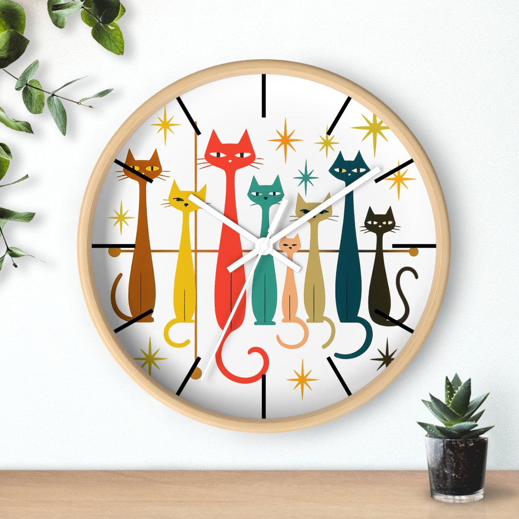 Retro Mid Century Modern Cats Wall Clock | Atomic Starburst Cat Design