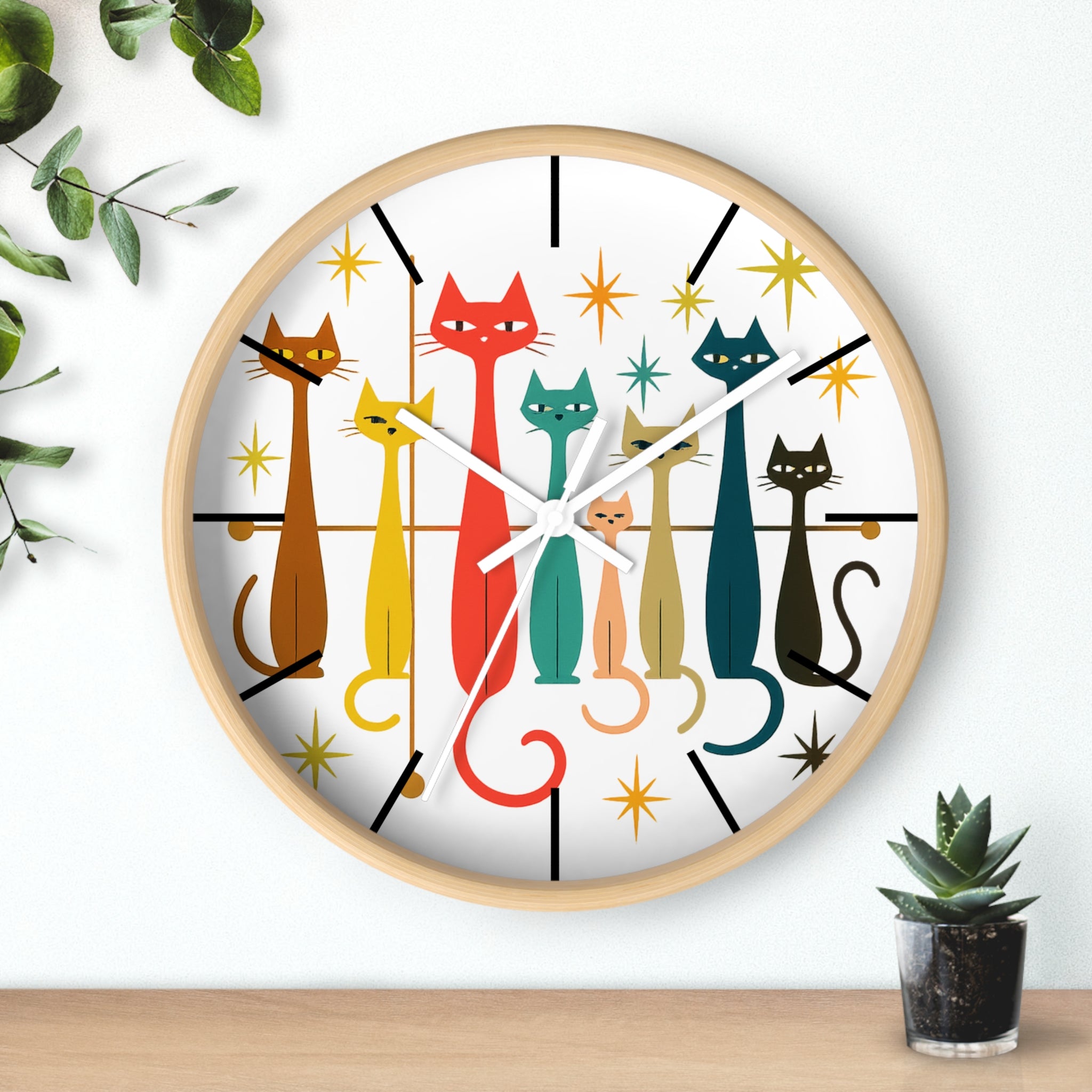 Retro Mid Century Modern Cats Wall Clock | Atomic Starburst Cat Design