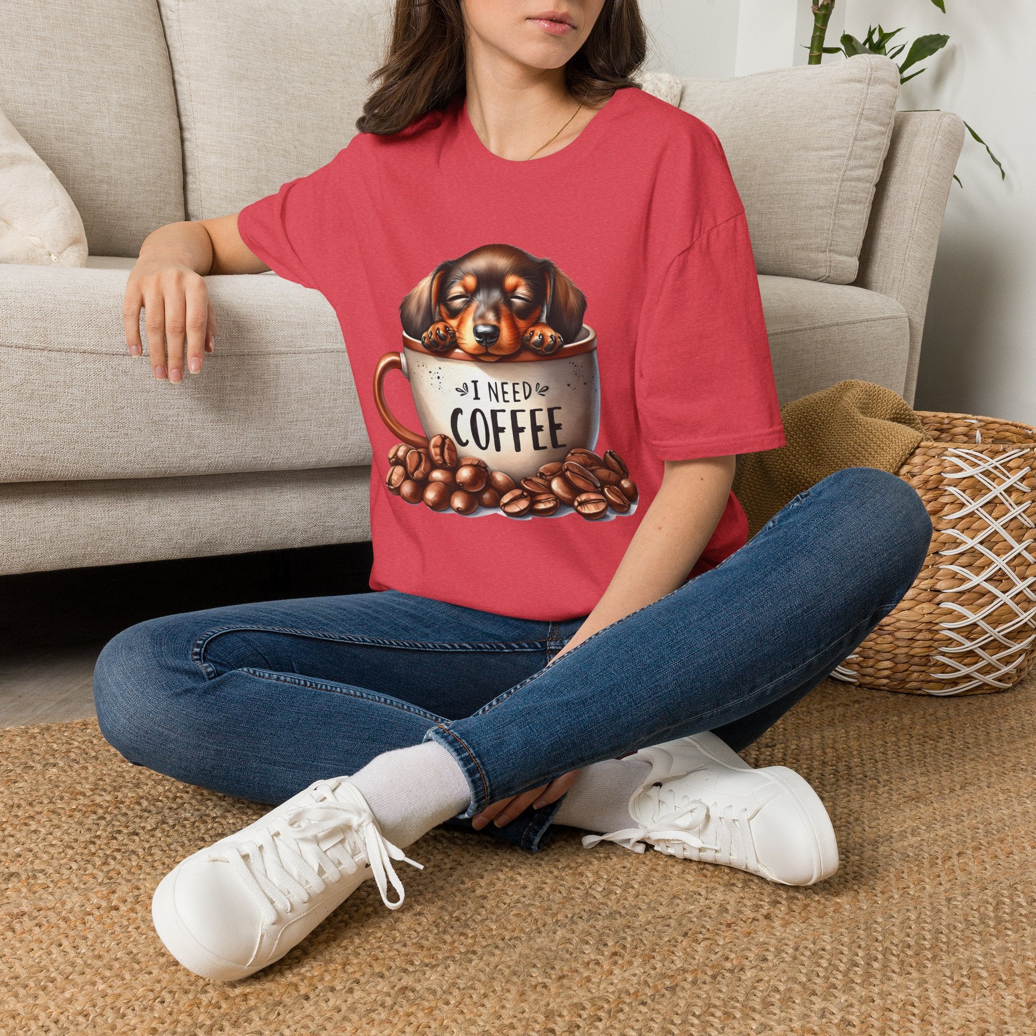 Sleepy Dachshund in Coffee Cup T-Shirt | I Need Coffee, Coffee Beans