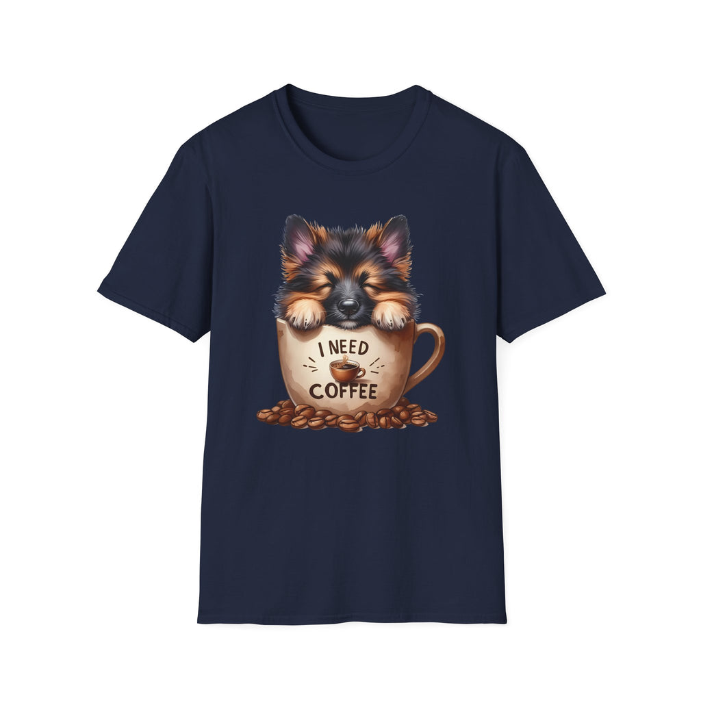 German Shepherd Puppy I Need Coffee T-Shirt | Cute Dog Coffee Design