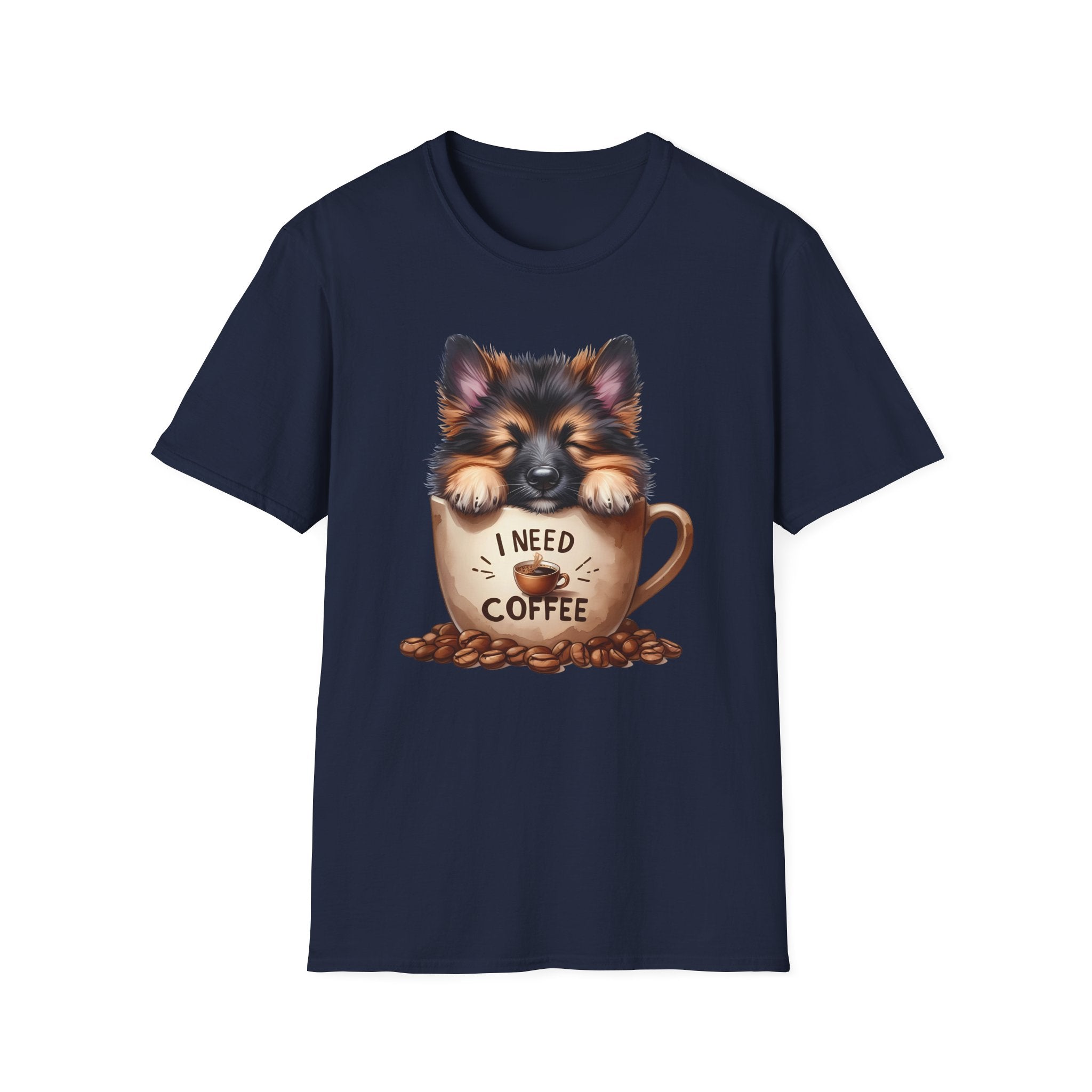 German Shepherd Puppy I Need Coffee T-Shirt | Cute Dog Coffee Design