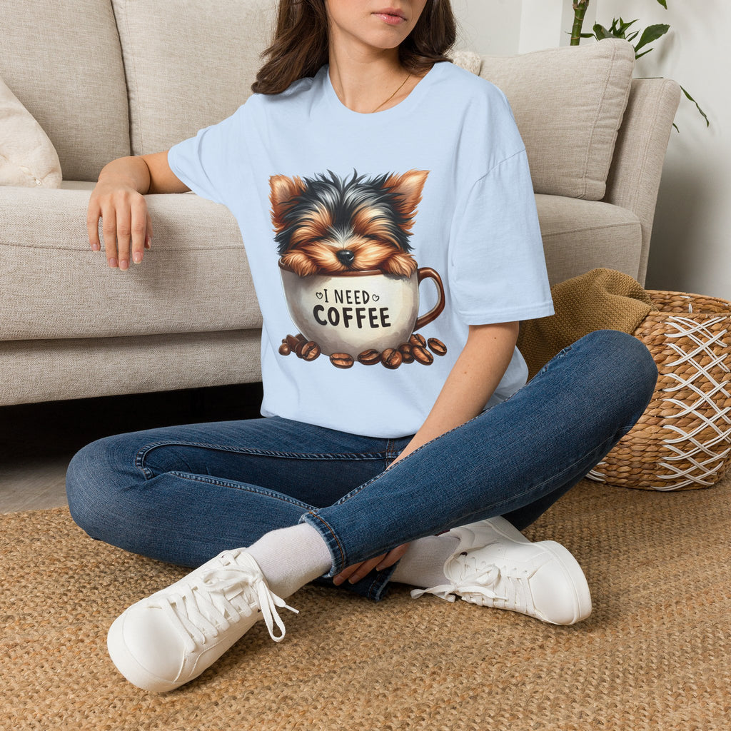 Cute Yorkie in Coffee Cup T-Shirt | I Need Coffee Puppy Graphic Tee