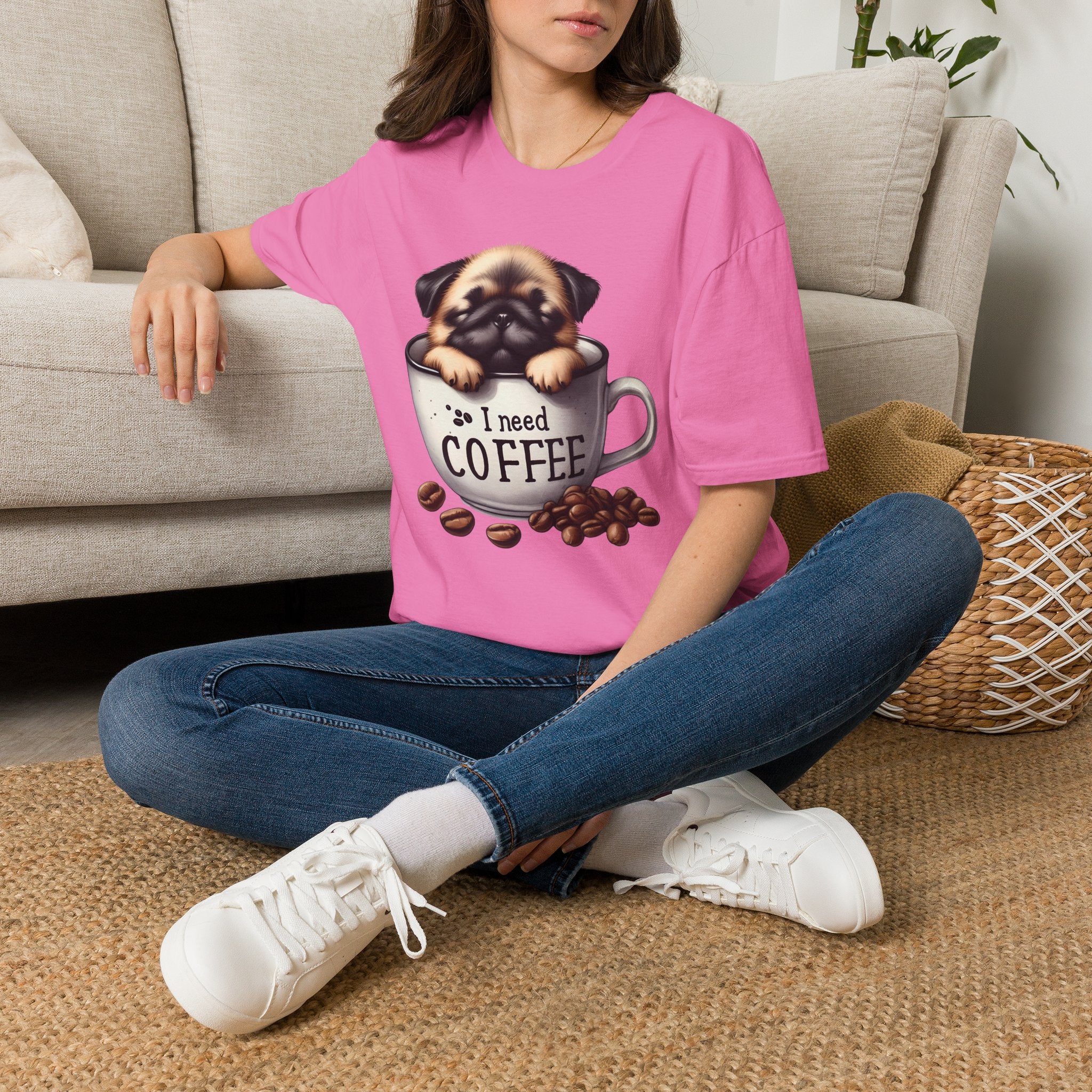 Puppy in Coffee Cup I Need Coffee T-Shirt | Cute Pug Coffee Tee