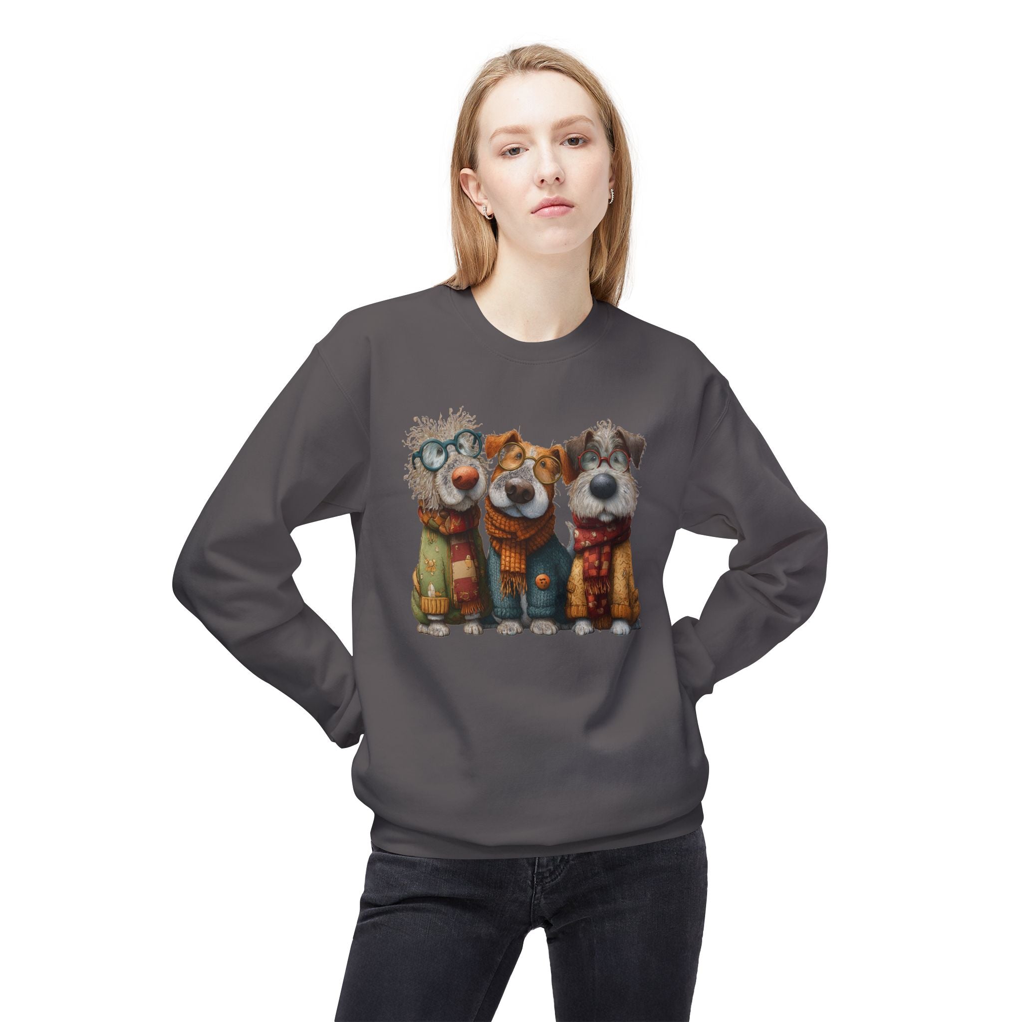 Three Cartoon Dogs in Scarves Sweatshirt | Cute Winter Pup Trio