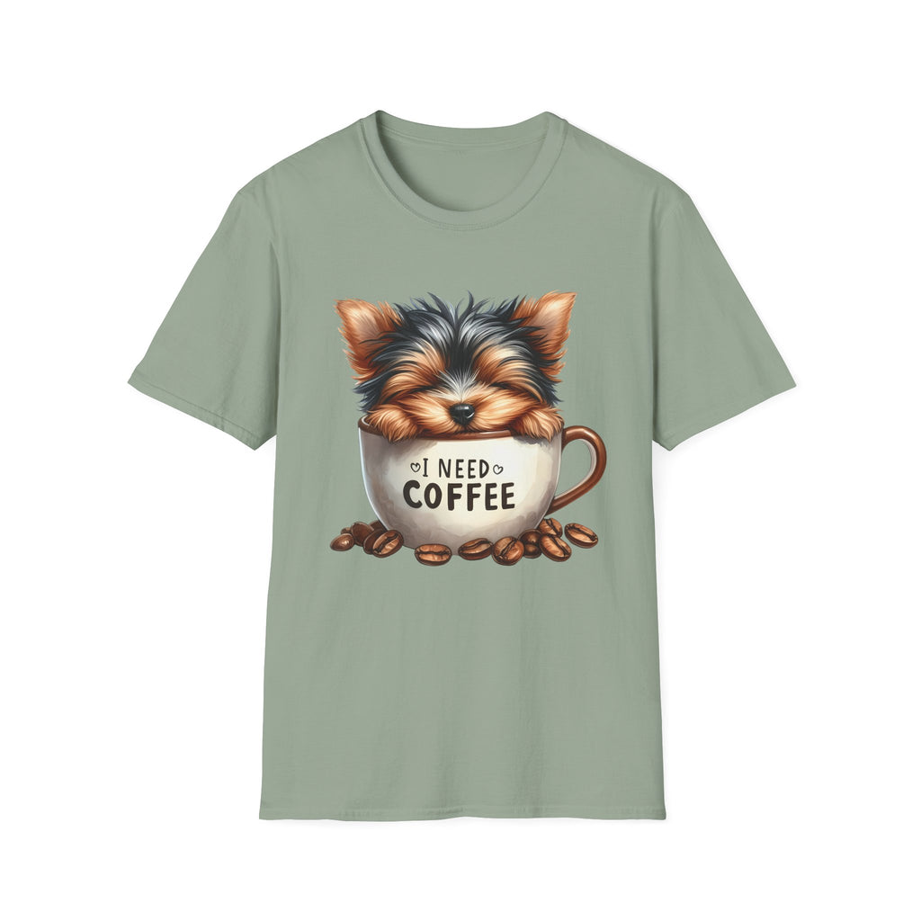 Cute Yorkie in Coffee Cup T-Shirt | I Need Coffee Puppy Graphic Tee