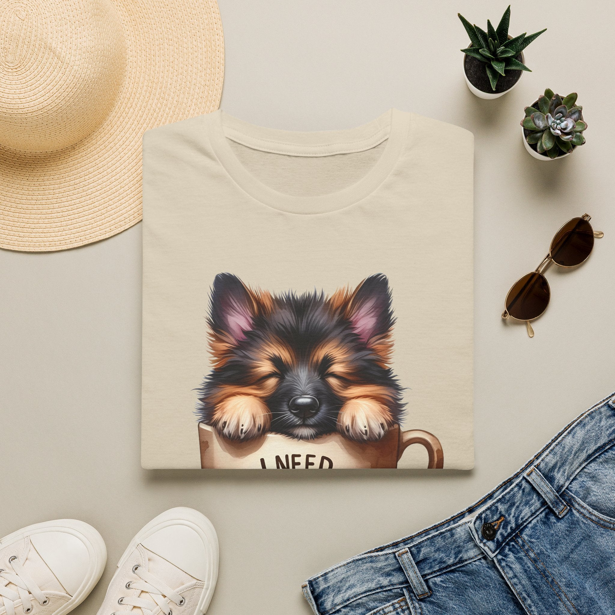 German Shepherd Puppy I Need Coffee T-Shirt | Cute Dog Coffee Design
