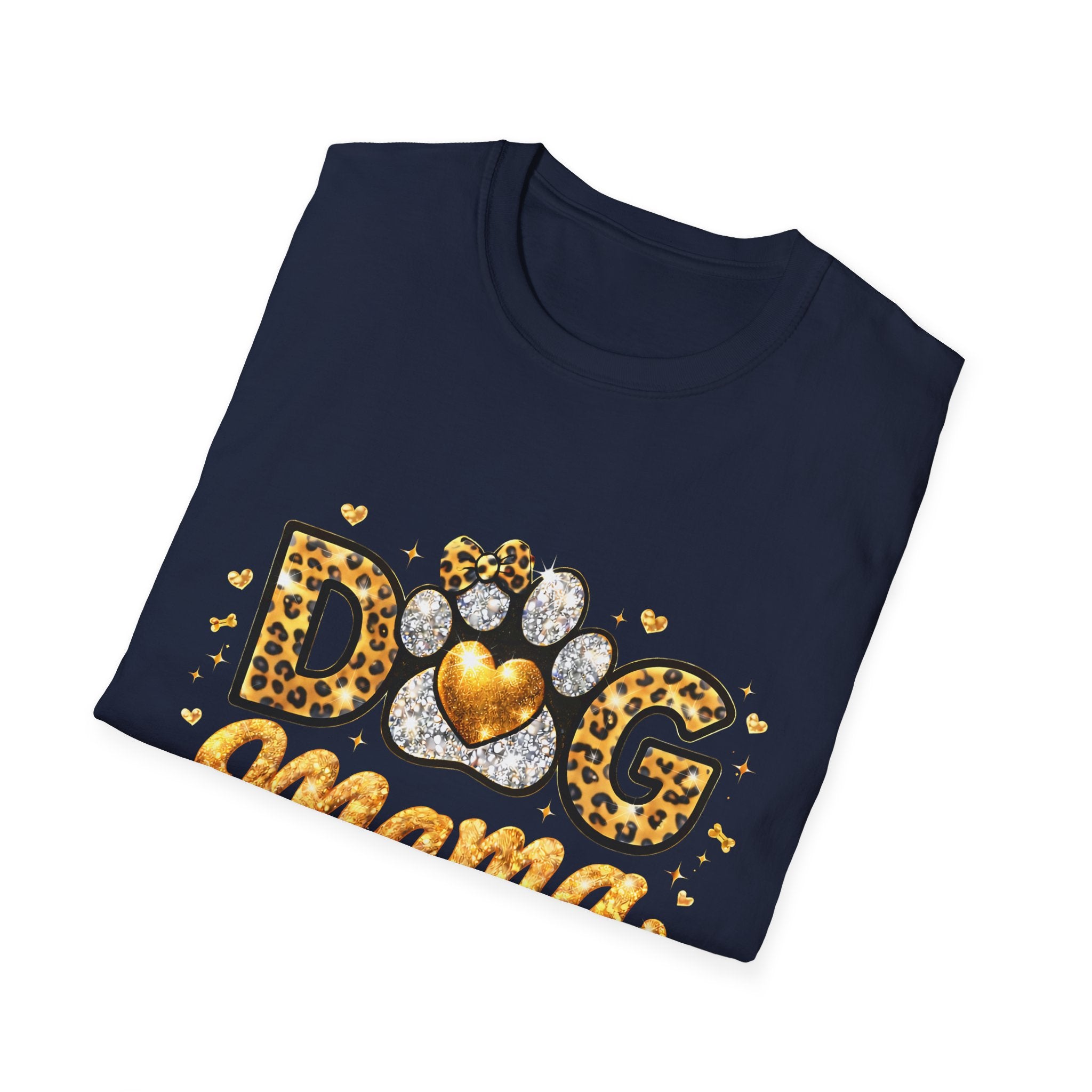 Dog Mama T-Shirt | Leopard Heart Paw Print, Gold Glitter Script