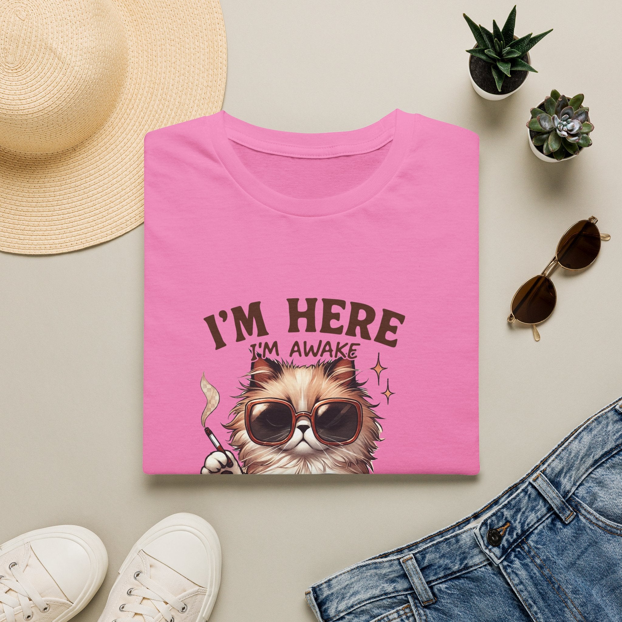 Sunglasses Cat with Coffee I'm Here I'm Awake Don't Push It T-Shirt | Funny Cat Tee