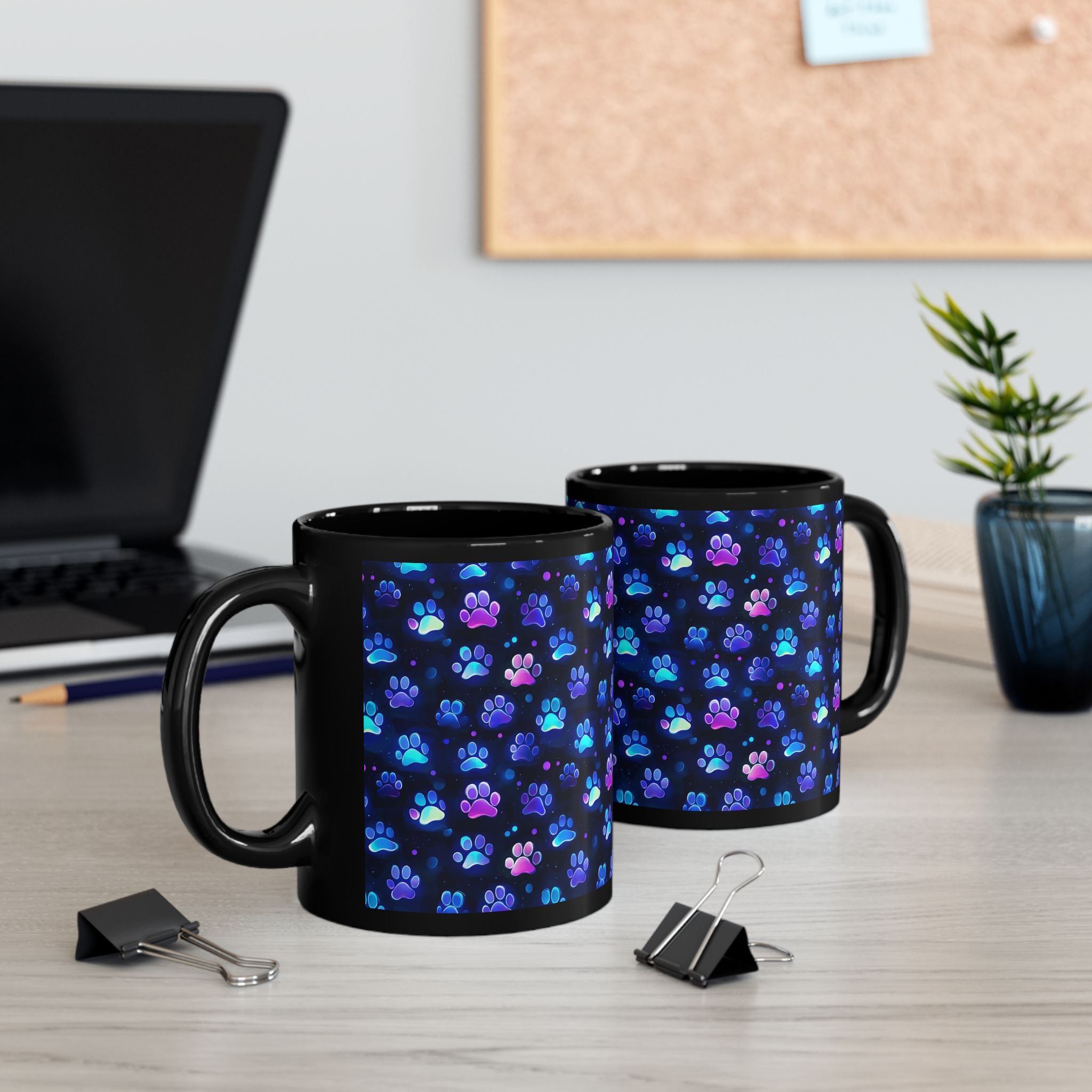 Neon Paw Print Pattern Mug | Black Ceramic 11oz or 15oz