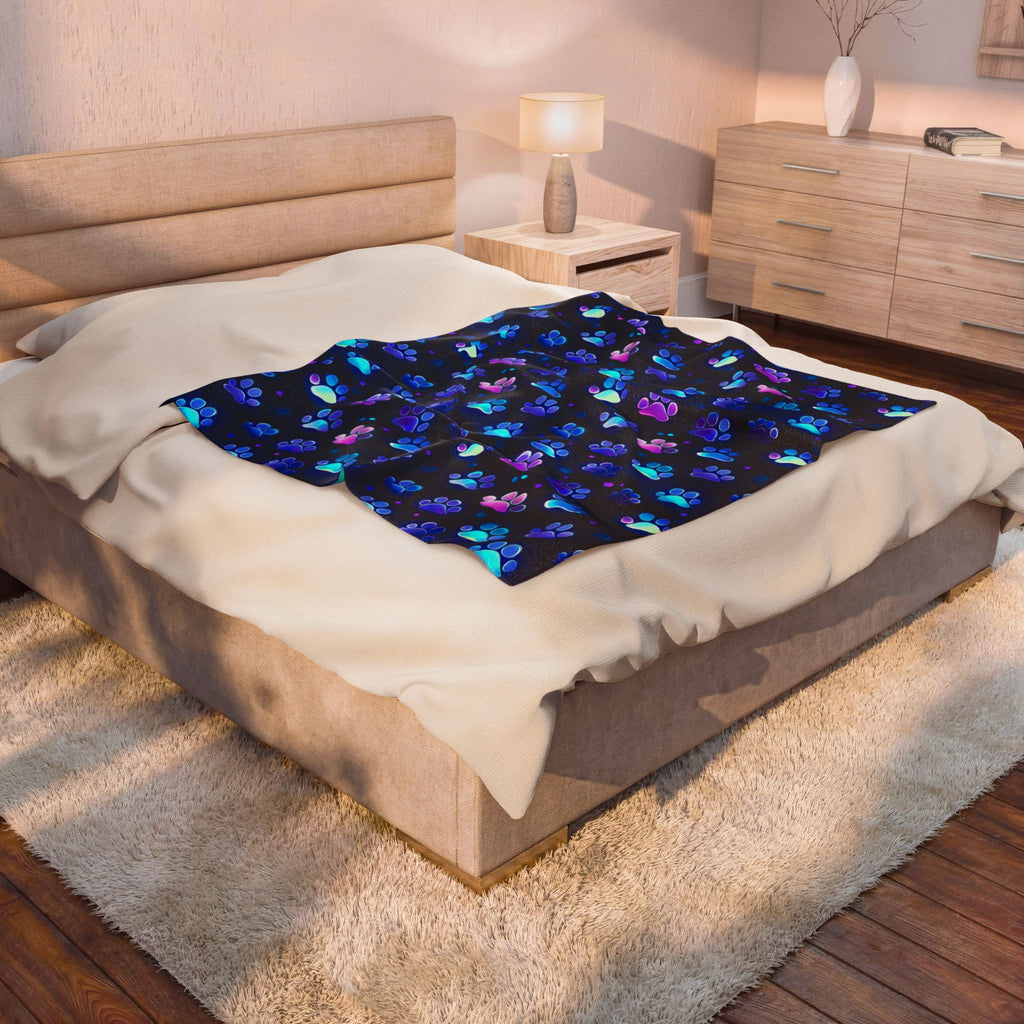Neon Paw Prints Velveteen Plush Blanket | Blue Purple Gradient Paw Pattern