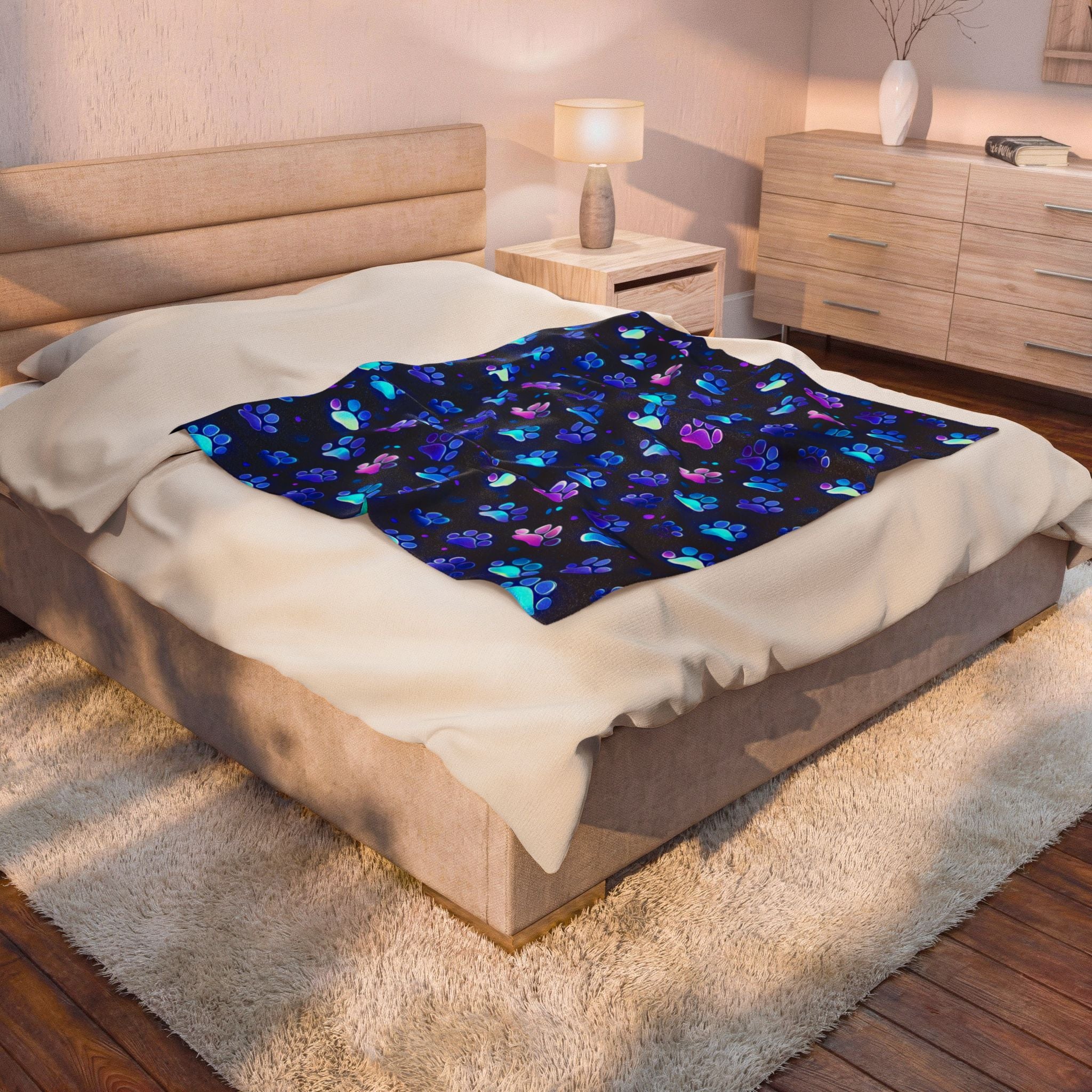Neon Paw Prints Velveteen Plush Blanket | Blue Purple Gradient Paw Pattern
