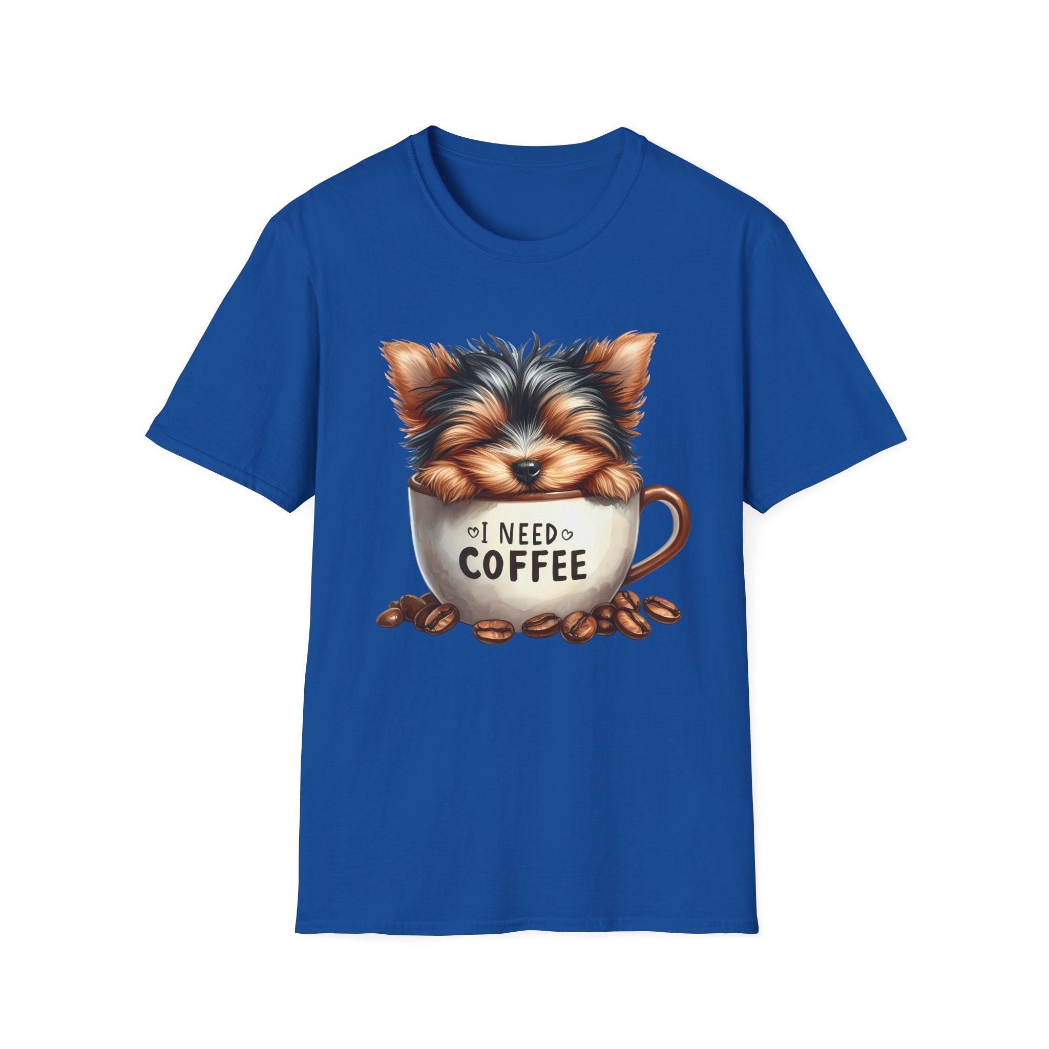 Cute Yorkie in Coffee Cup T-Shirt | I Need Coffee Puppy Graphic Tee