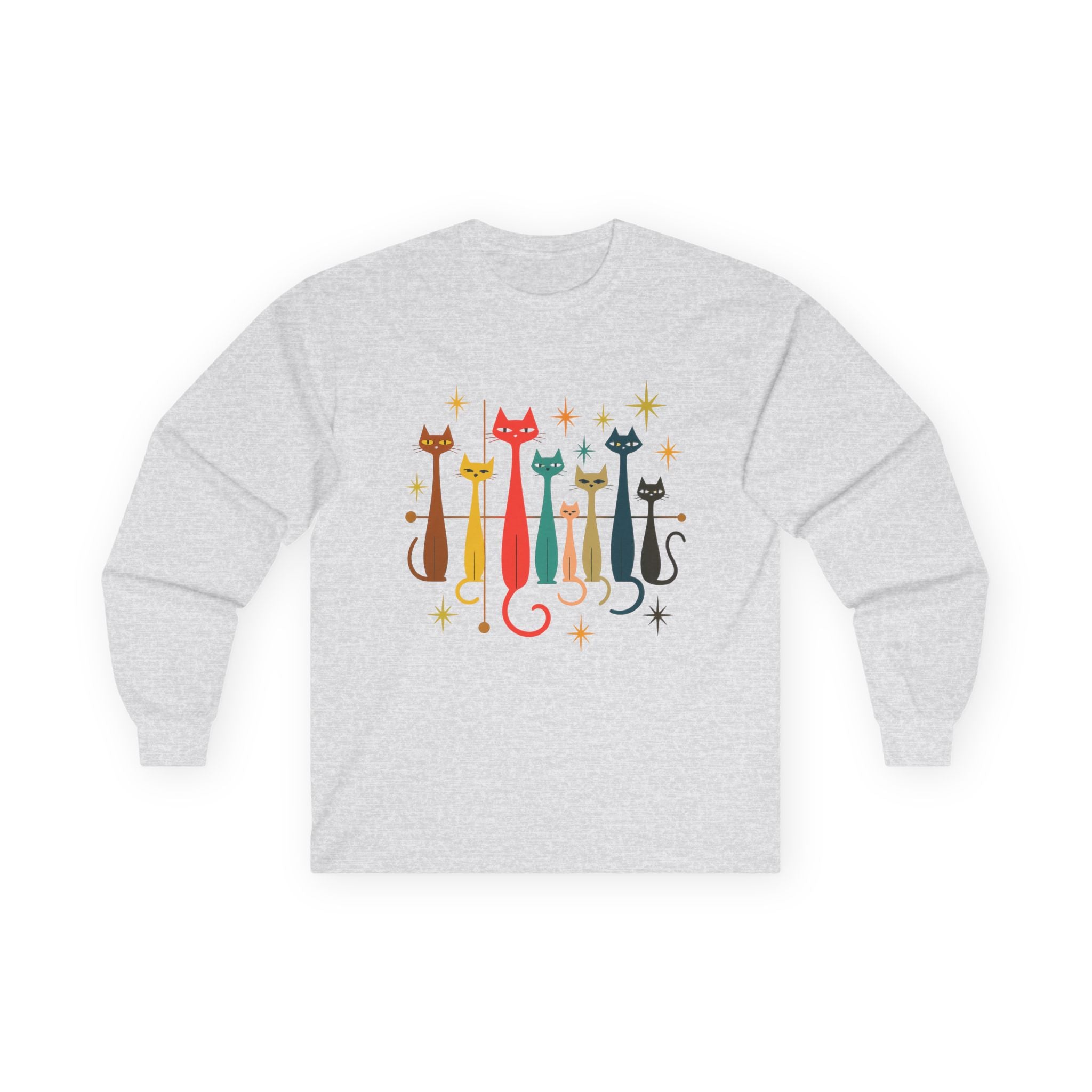 Retro Colorful Cats 1950s 1960s Long Sleeve Tee | Mid-Century Modern Kitty Illustration