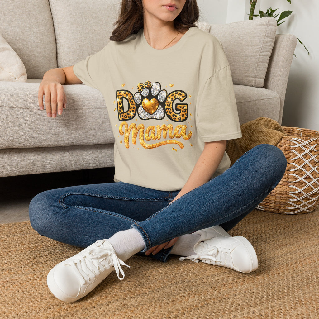 Dog Mama T-Shirt | Leopard Heart Paw Print, Gold Glitter Script
