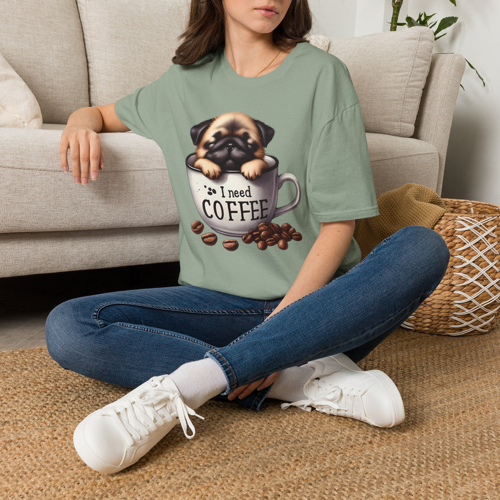 Puppy in Coffee Cup I Need Coffee T-Shirt | Cute Pug Coffee Tee